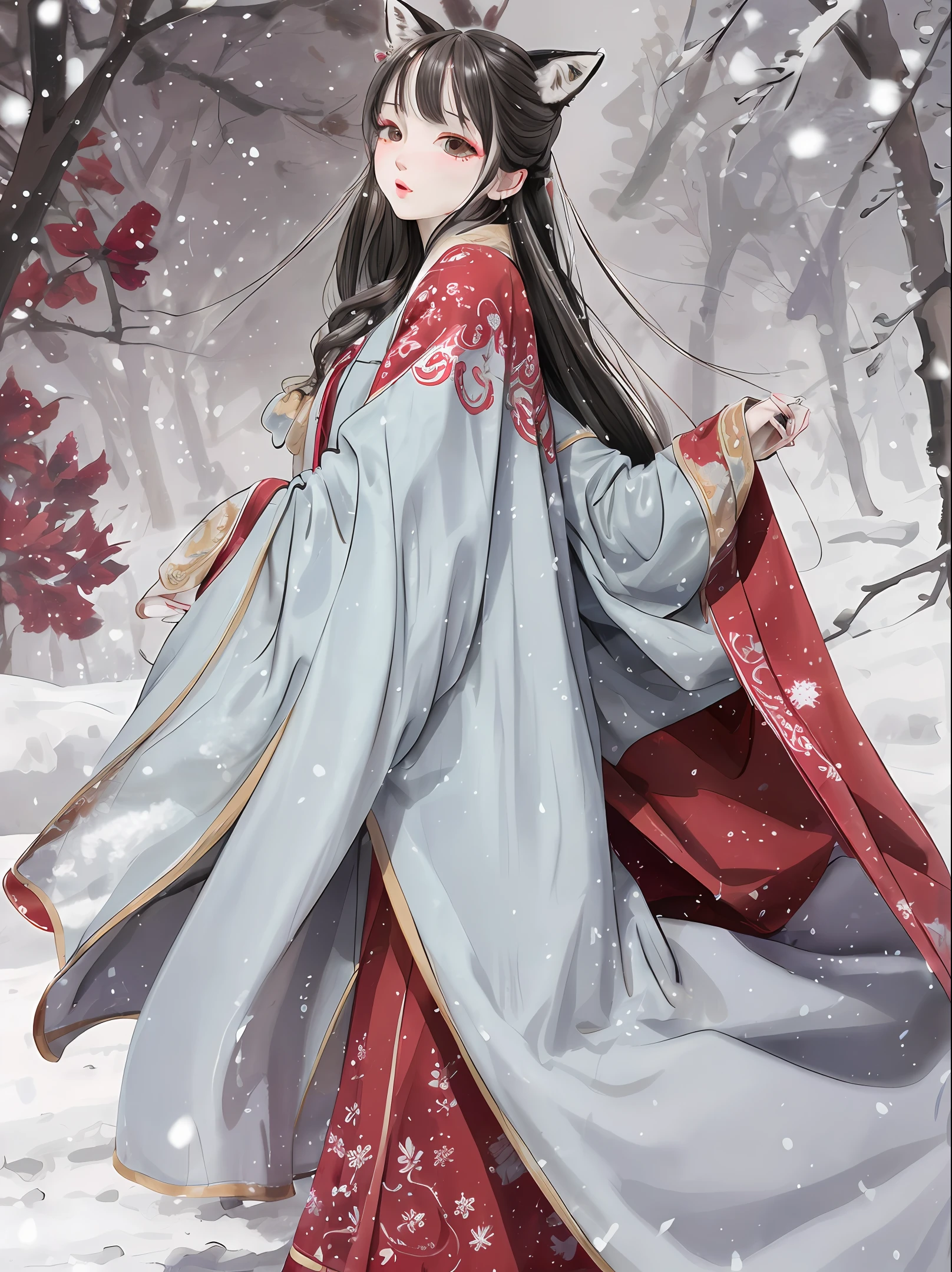 Best quality, intricate details, high resolution, (beautiful details water: 1.4), (Hanfu fox cape,), 1 gentle woman, delicate facial features, whole body, standing posture, snowy days, flying snow and red flowers