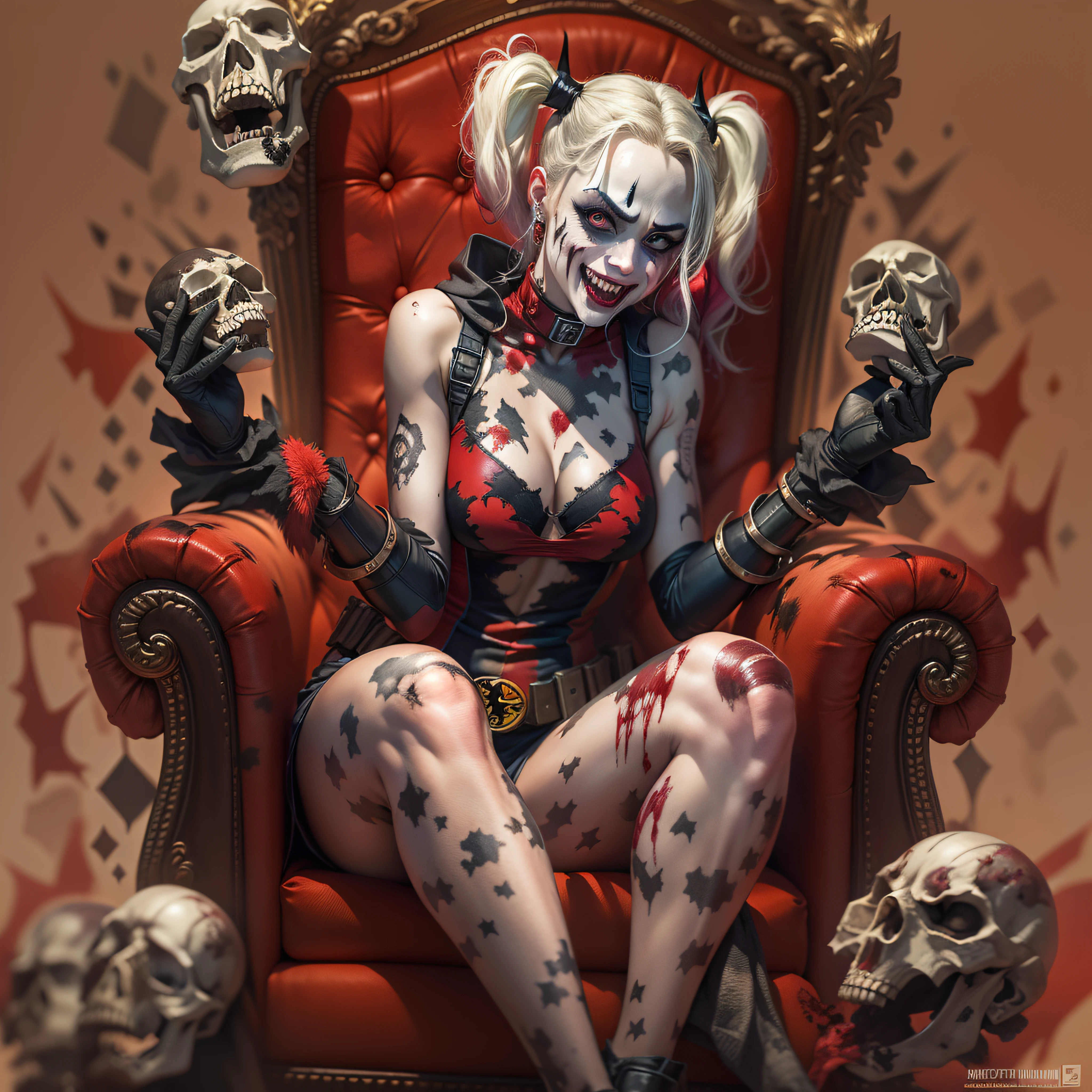 "The demonic character of Harley Quinn, The character is sitting in an armchair made of skulls a sinister smile ,corpo altamente detalhado, blood tears, Highly detailed hands (high quality), carta de baralho flutuando na imagem, sombrio, qualidade excepcional, multiple facial scars, Gothic style, Vestimenta dos quadrinhos da Arlequina, inspirado no Batman que Ri."