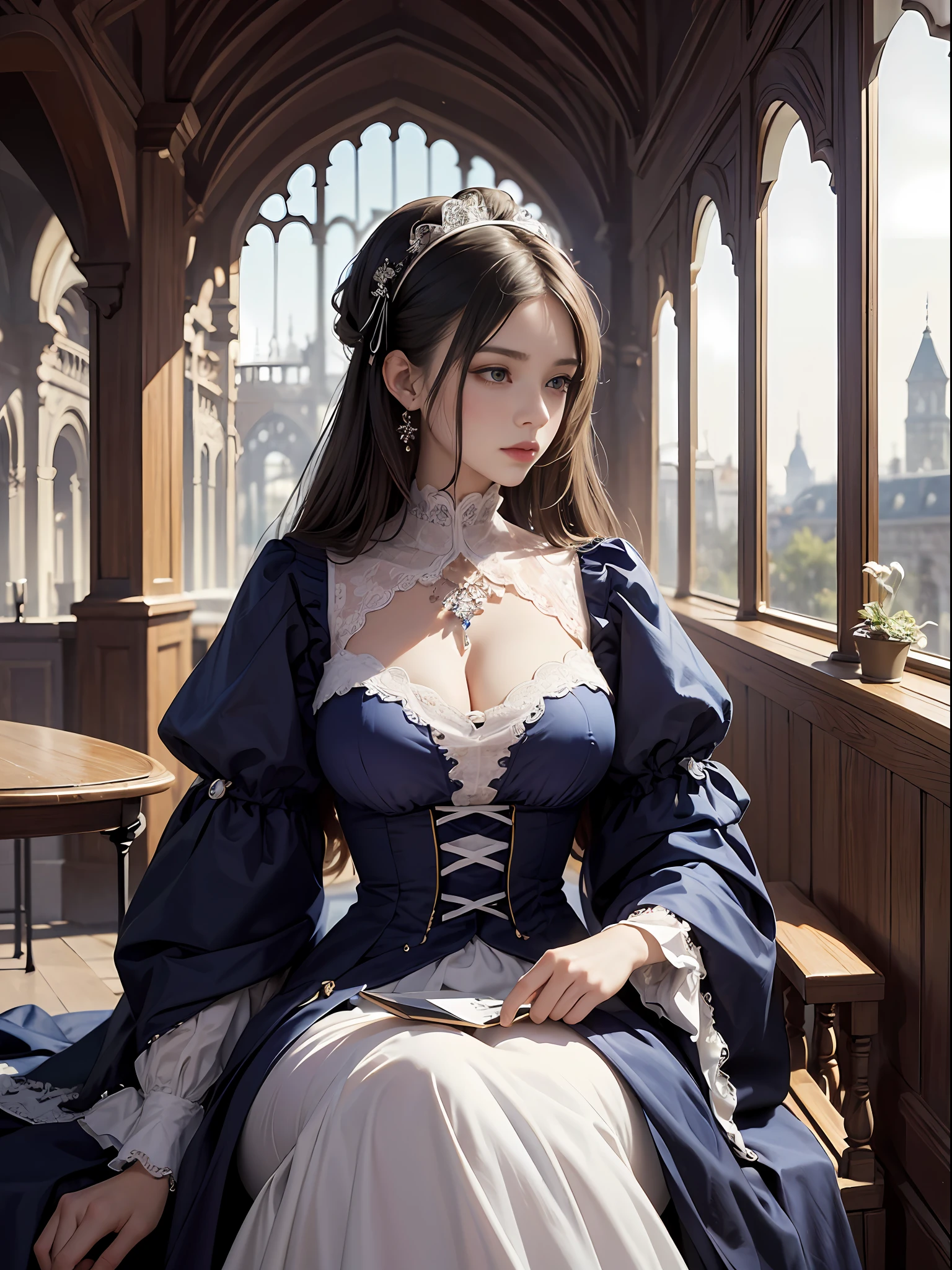 (Pure Color: 0.9), (Color: 1.1), (Masterpiece: 1,2), Best Quality, Masterpiece, High Resolution, Original, Highly Detailed Wallpaper, Beauty, Beauty, Victorian, Dress, Melancholy, Big Breasts,