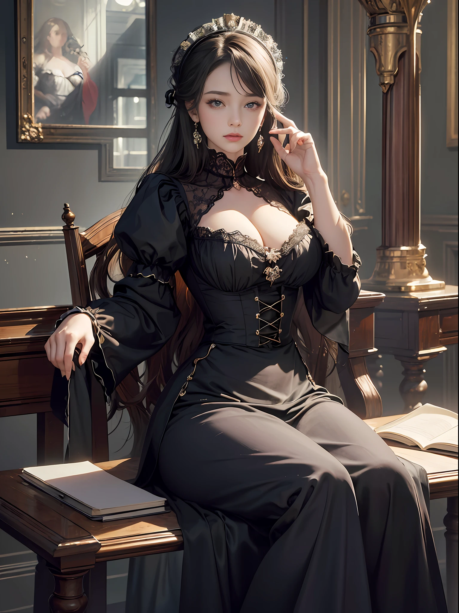 (Pure Color: 0.9), (Color: 1.1), (Masterpiece: 1,2), Best Quality, Masterpiece, High Resolution, Original, Highly Detailed Wallpaper, Beauty, Beauty, Victorian, Dress, Melancholy, Big Breasts,