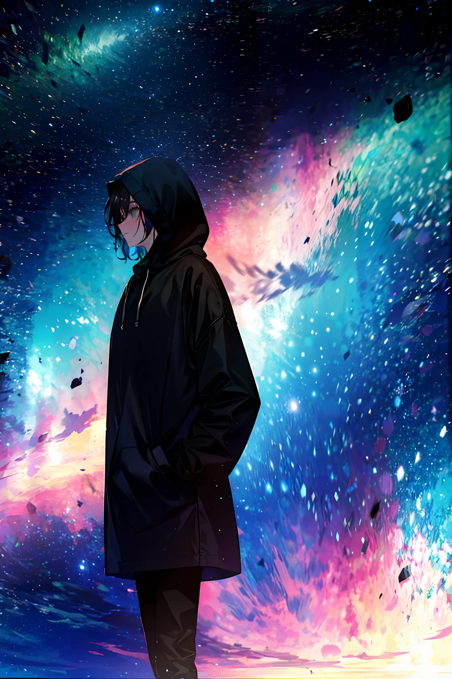 Under the vast starry sky, a man in a black hoodie looked at the starry sky alone