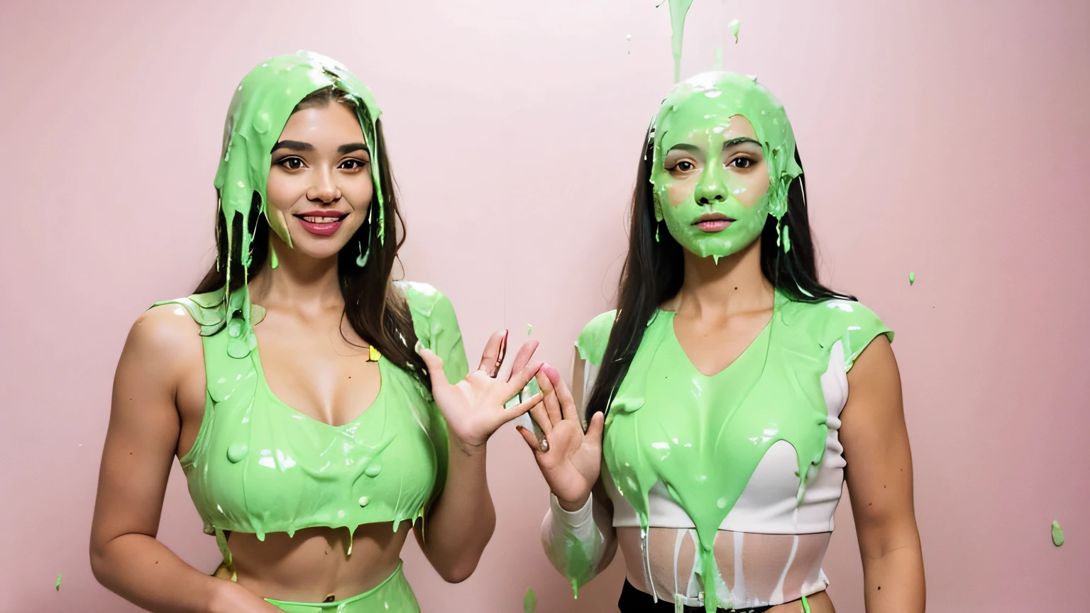 two women standing next to each other in front of a pink background, pokimane, gen z, annoying sister vibes, charli bowater and artgeem, inspired by Gina Pellón, isabela moner, white sports bras, beautiful girls, beautiful faces, sisters, photo shoot, (thick green slime dripping down head: 1.2), cleavage
