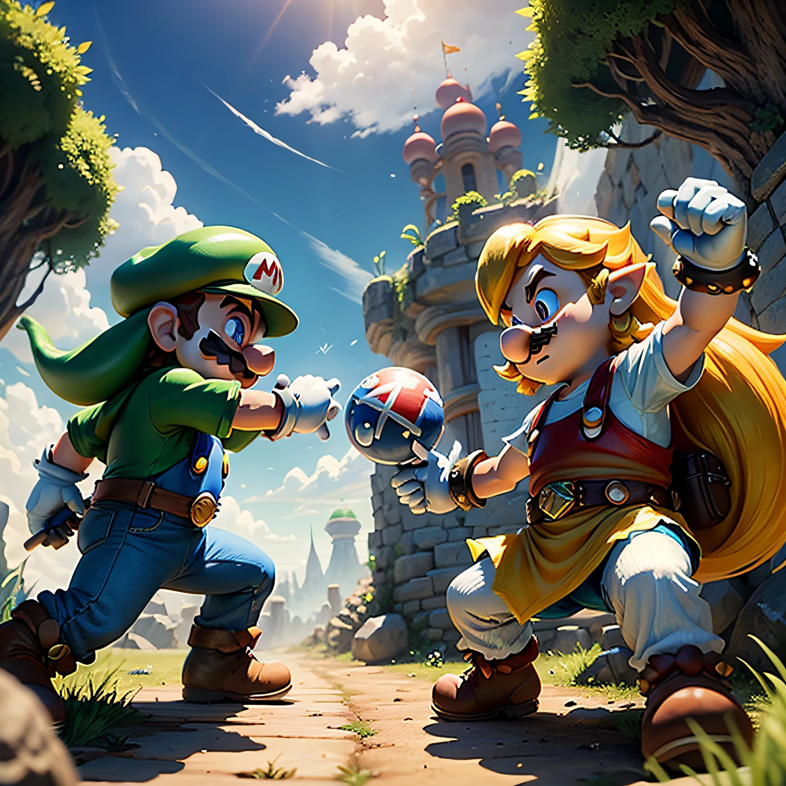 super mario,super mario lutando contra o zelda,lutando contra o link,em um campo