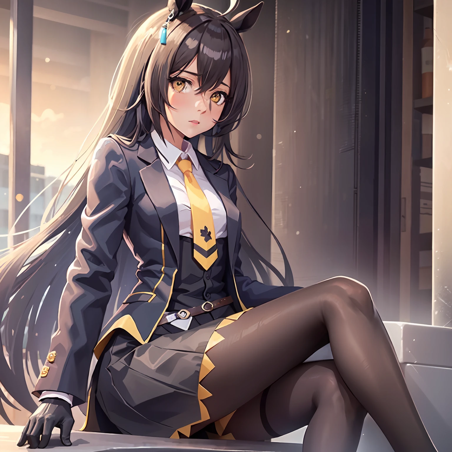 ((masutepiece, Best Quality)),1girl in,manhattan-cafe,manhattan-cafe(Racing Wear),Horse Girl,Horse ears,hair_Bland_Eyes,Solo,pantyhose,long_hair, Black_hair, Black Gloves,yellow_Eyes,Ahoge,neck tie,Black_Jacket,Skirt,Black_Footwear,Small_breasts,close-up