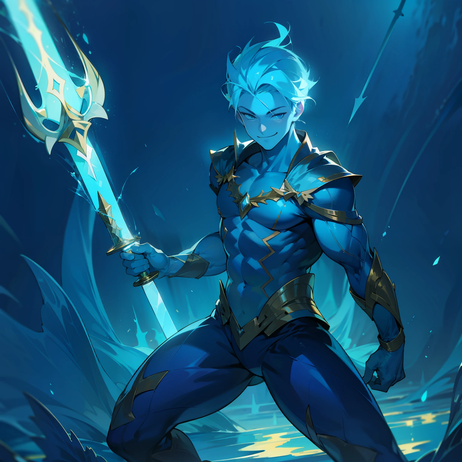merman, glowing sword, smiling, blue clothes