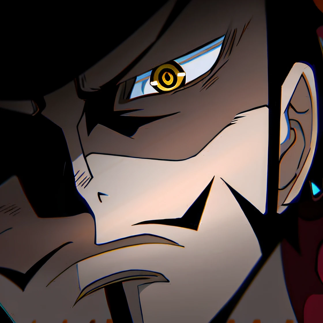 anime character with yellow eyes and a black hat, dandy from space dandy anime, menacing stare, Engrenagem Luffy 5, brilho intimidador, Coringa se parece com Naruto, Tem um olhar penetrante, olhar focado, Gurren Lagann, Gatilho Estilo de Arte de Anime, from one piece, piercing stare, olhar intimidador, Luffy (one piece, he's very menacing and evil