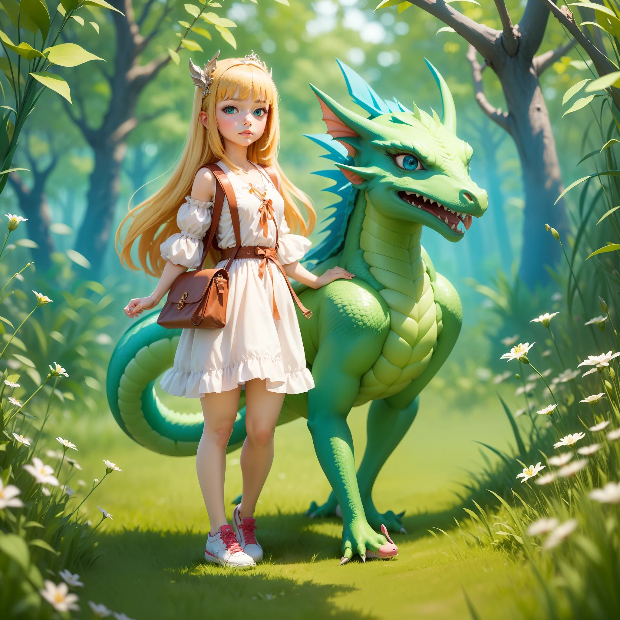 Princess Lily, a beautiful girl where she is with her friend, a green dragon;, The princess is in a grass field with a backpack and a shoe, The dragon has blue eyes and is quite friendly