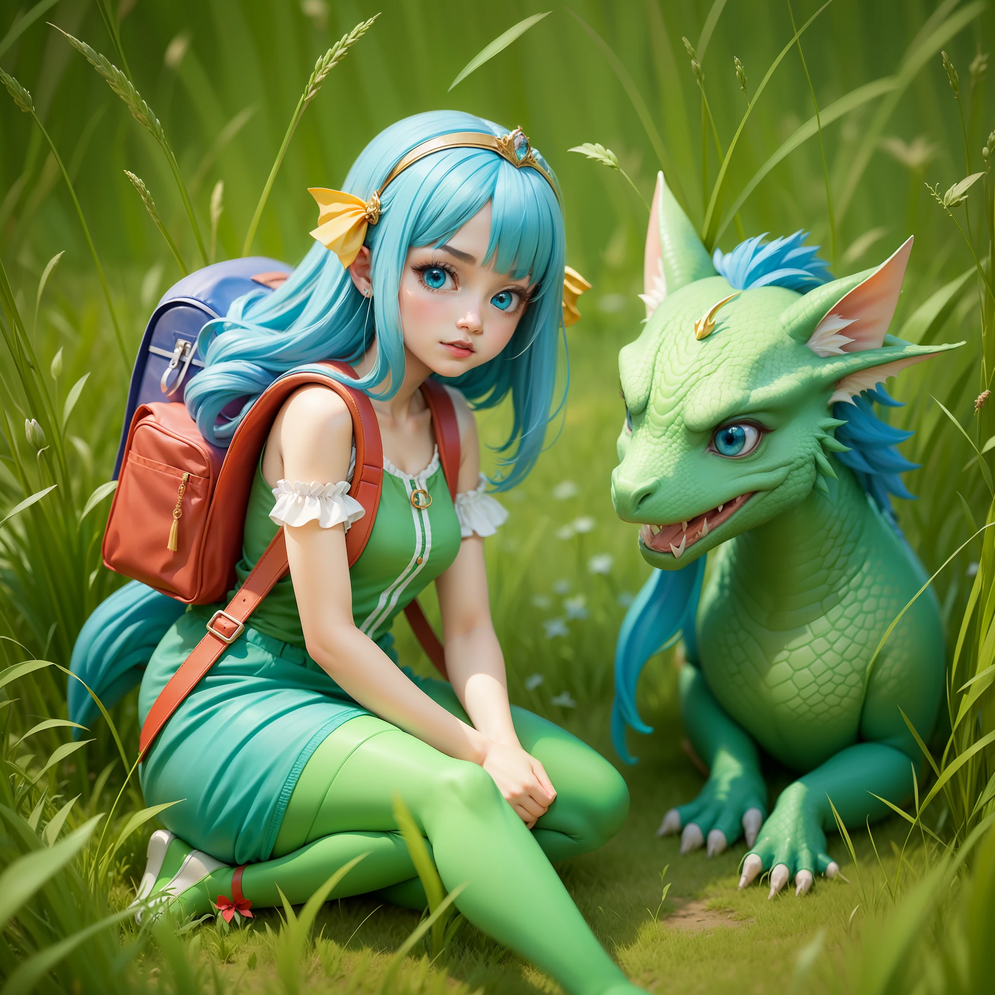 Princess Lily, a beautiful girl where she is with her friend, a green dragon;, The princess is in a grass field with a backpack and a shoe, The dragon has blue eyes and is quite friendly