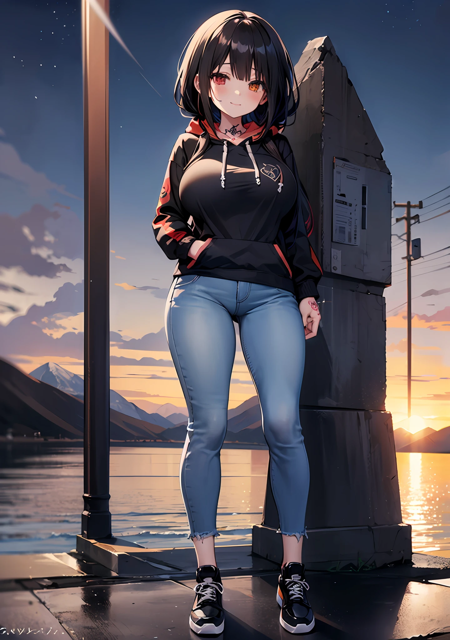 Masterpiece, high quality, ultra quality, best lighting, 1girl, ((tokisaki kurumi)), long hair, black hair, low twintails, monochrome, ((right red eye:1, left yellow eye:1)), Hoodie, ((mini Hoodie)), hood on head, ((short jean)), ((big breast)), ((big thigh)), smile, blush, cute face, ((gesugao face)), standing, sexy body, sexy, tattooed full body, tattooed face, (((tattooed))),looking at viewer, large the breast, nsfw, (((mountain)))