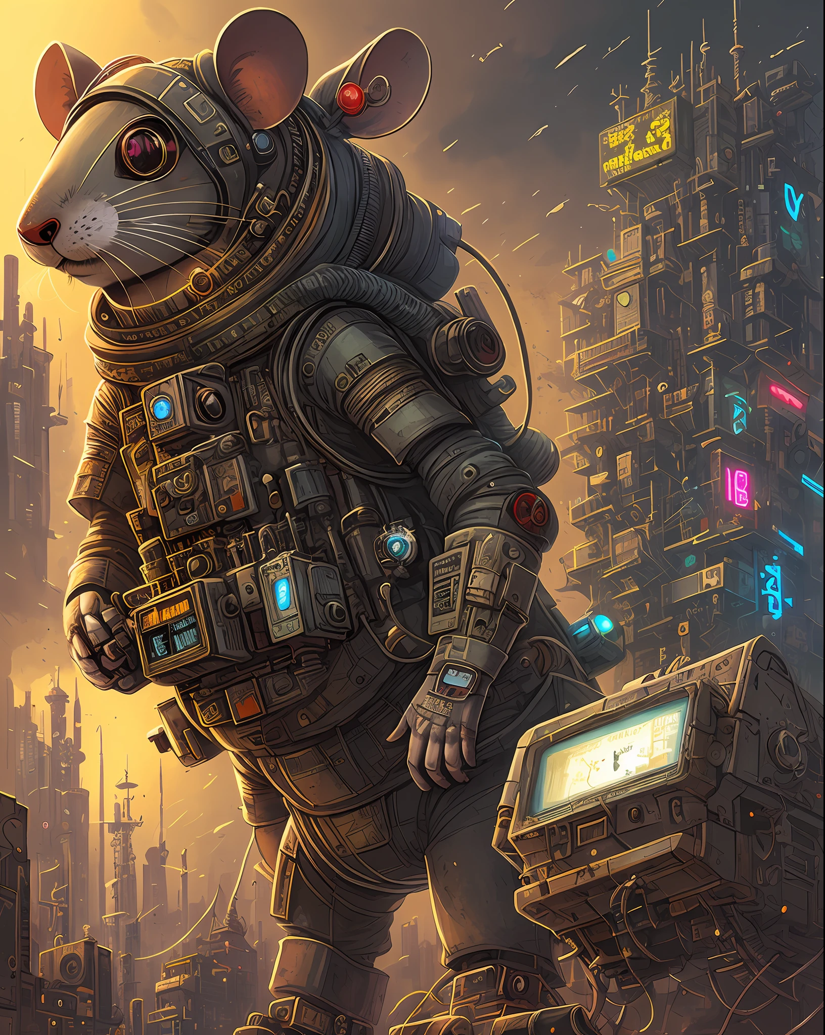 a mouse wearing goggles, cyborg mouse, Astronaut gloves, cyberpunk mouse folk engineer, cd cover artwork, steampunk rat, boroque, best of behance, lan mcque, by André Castro, art cover, ( cyberpunk ), promotional poster, comic book's cover, alexandre ferra mecha, rat kind mecha,
