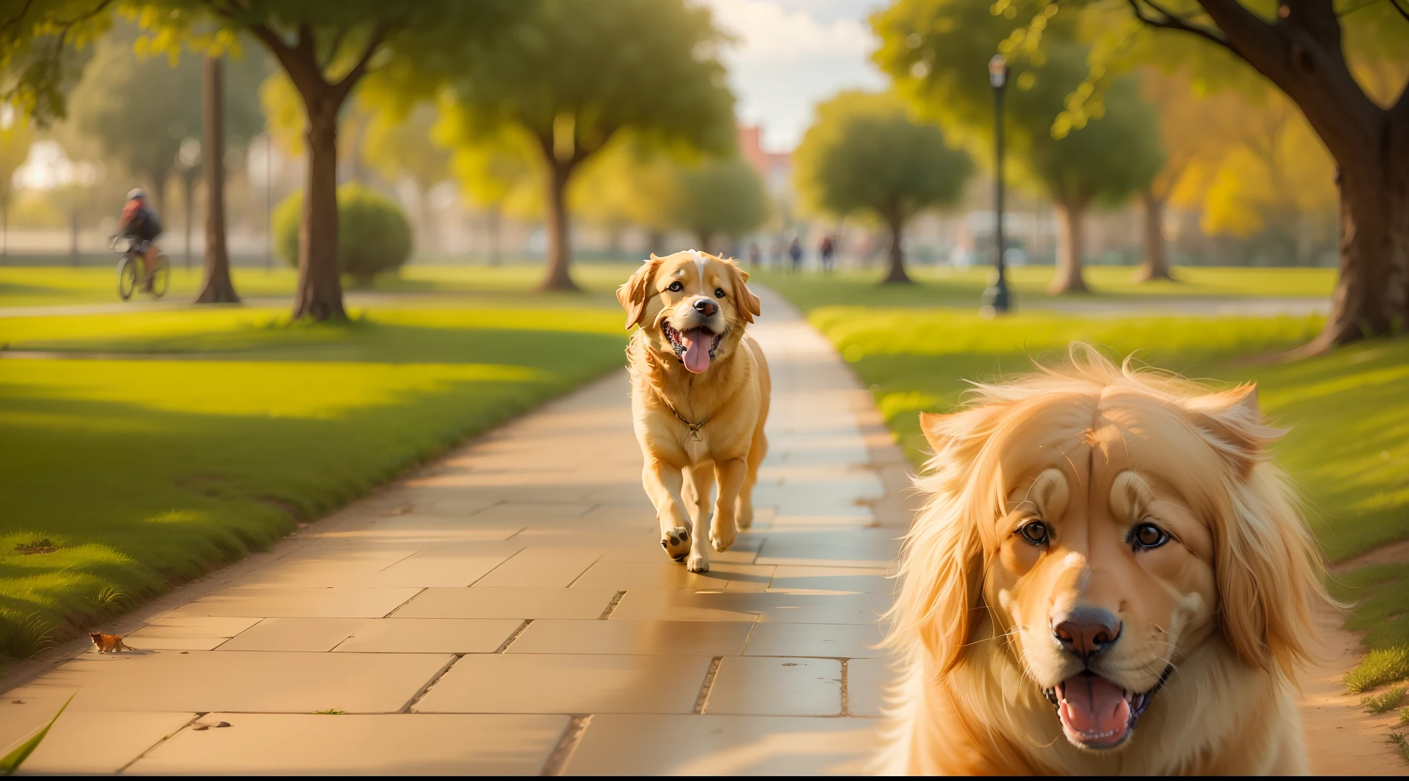 imagina un gato persa y un perro golden retriever dando un paseo en el parque