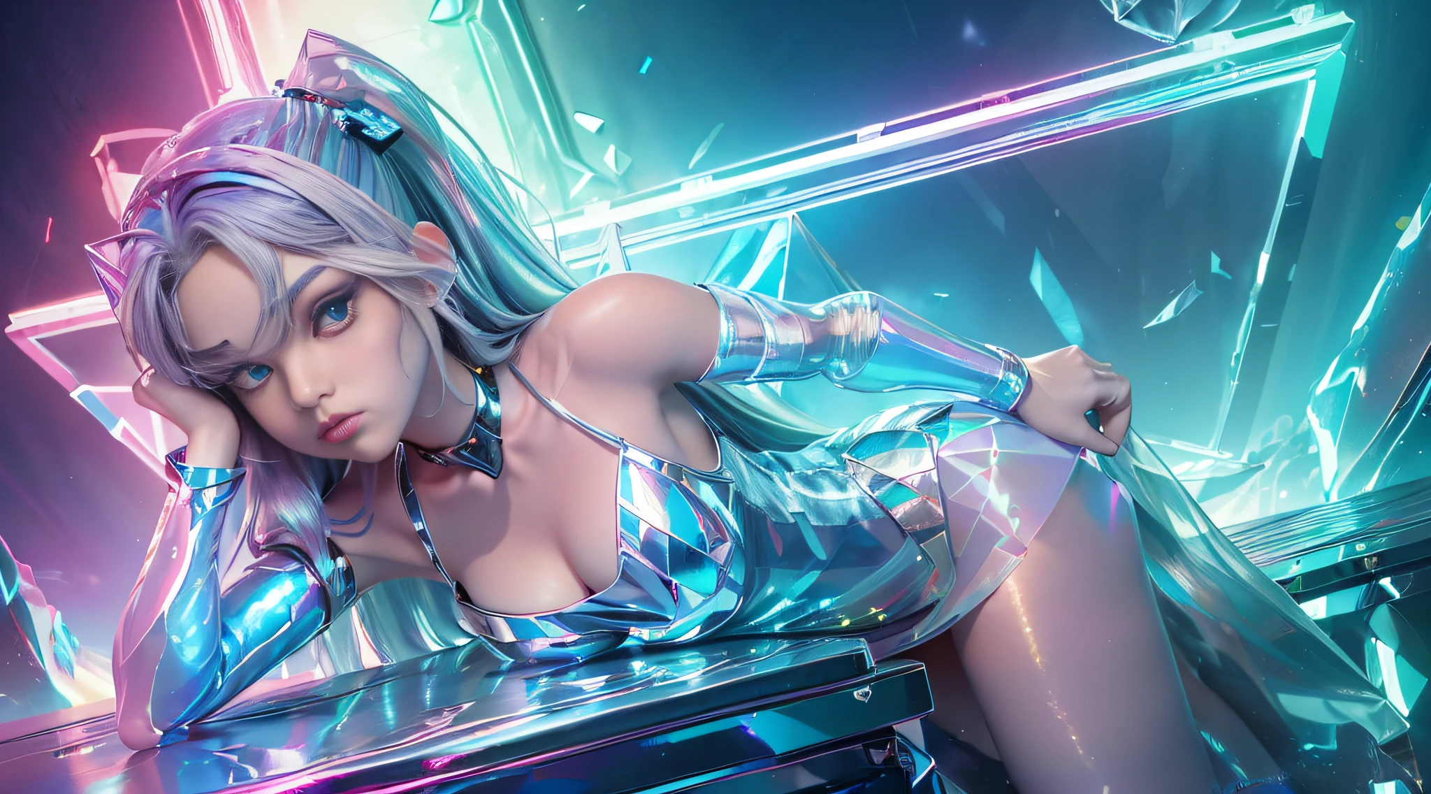 ((Masterpiece:1.4, Best Quality))++, (Ultra Detailed)+,(Best Quality,Ultra-detailed,Vivid Color,Colorful, Dynamic Angle, High contrast:1.2),upper-body,
(Two-tone short tight metal party dress:1.2),Sexy,(short_Upskirt:1.3),High_Heels,Stockings,Sleeveless,bare back,(futuristic cityscape,race track, neon lights sign, spotlight, hologram:1.3),gentle face, delicate features,(From Bottom:0.5),
fashionable, Vibrants, outfit, Posing, front, Colorful, dynamic, Background, Nuts and bolts, Confident, expression, statement, accessory, Orus, twisted, Runt, stage,cover, courageous, Attention-grabbing,stylish, font, catchy, astounding, contemporary, fashionable, focus, moda,
Cute 1Girl,(独奏:1.3),(flat chest:1.2),Double Ponytail,(Cyan eyes, Similar to gemstones:1.3), (Shiny hair, Silver long hair:1.3), haneoka_granny,