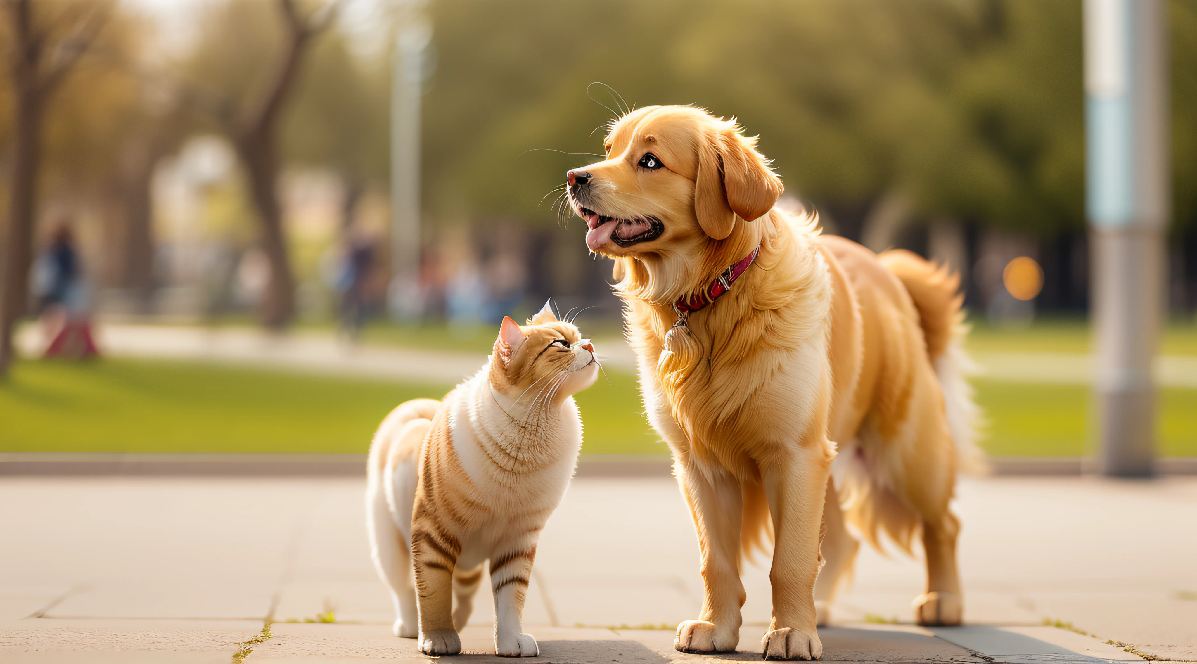 imagina un gato persa y un perro golden retriever dando un paseo en el parque