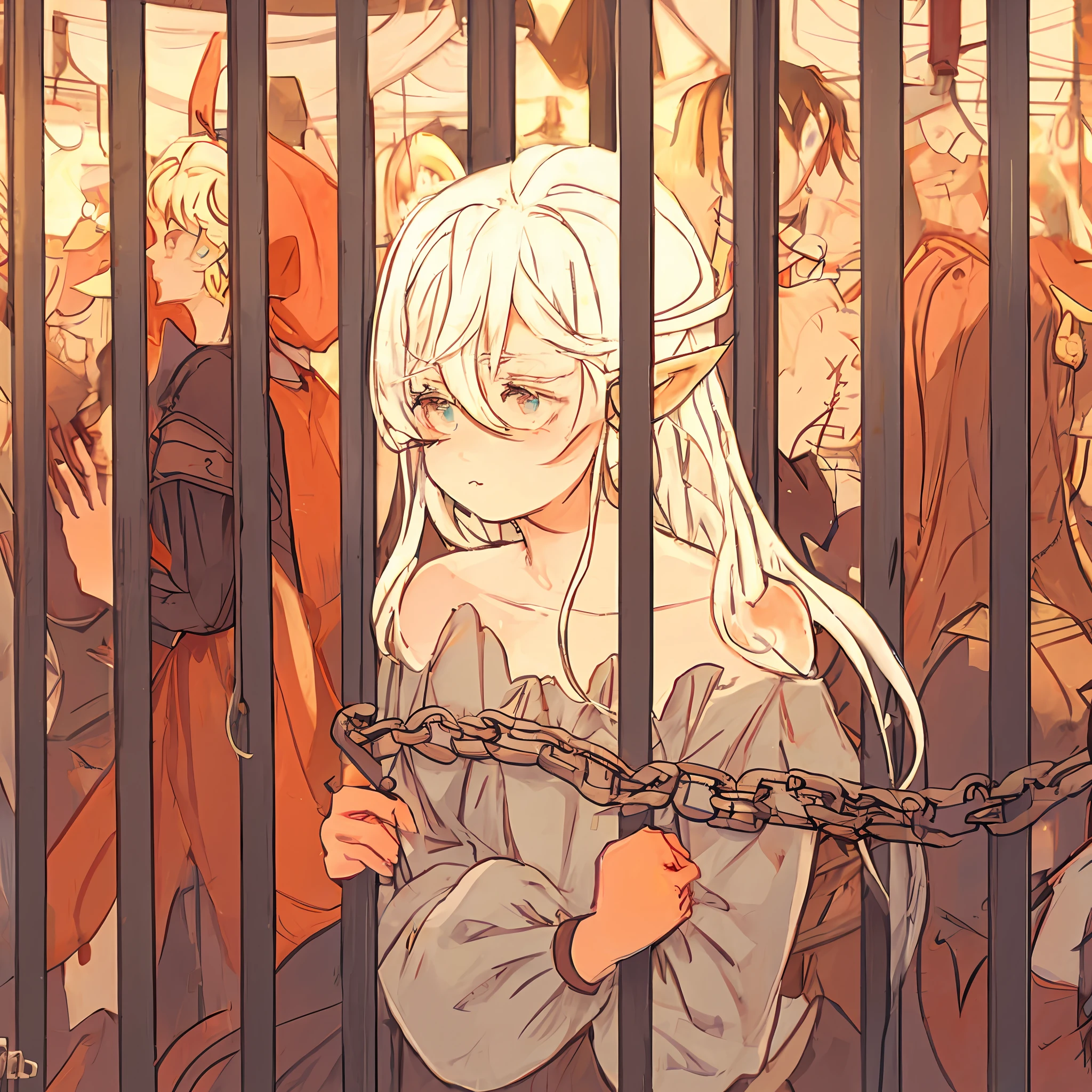 Anime girl in a cage with a lot of people behind her, na cadeia, in prison, Algemado no vazio, Queen in a glass prison, em uma masmorra, in a prison cell, Behind bars, prisioneiro, Pixiv, fanart detalhado, Arte Zerochan, Fanart oficial, na empresa Pixiv, trending on pixiv, The woman is behind bars