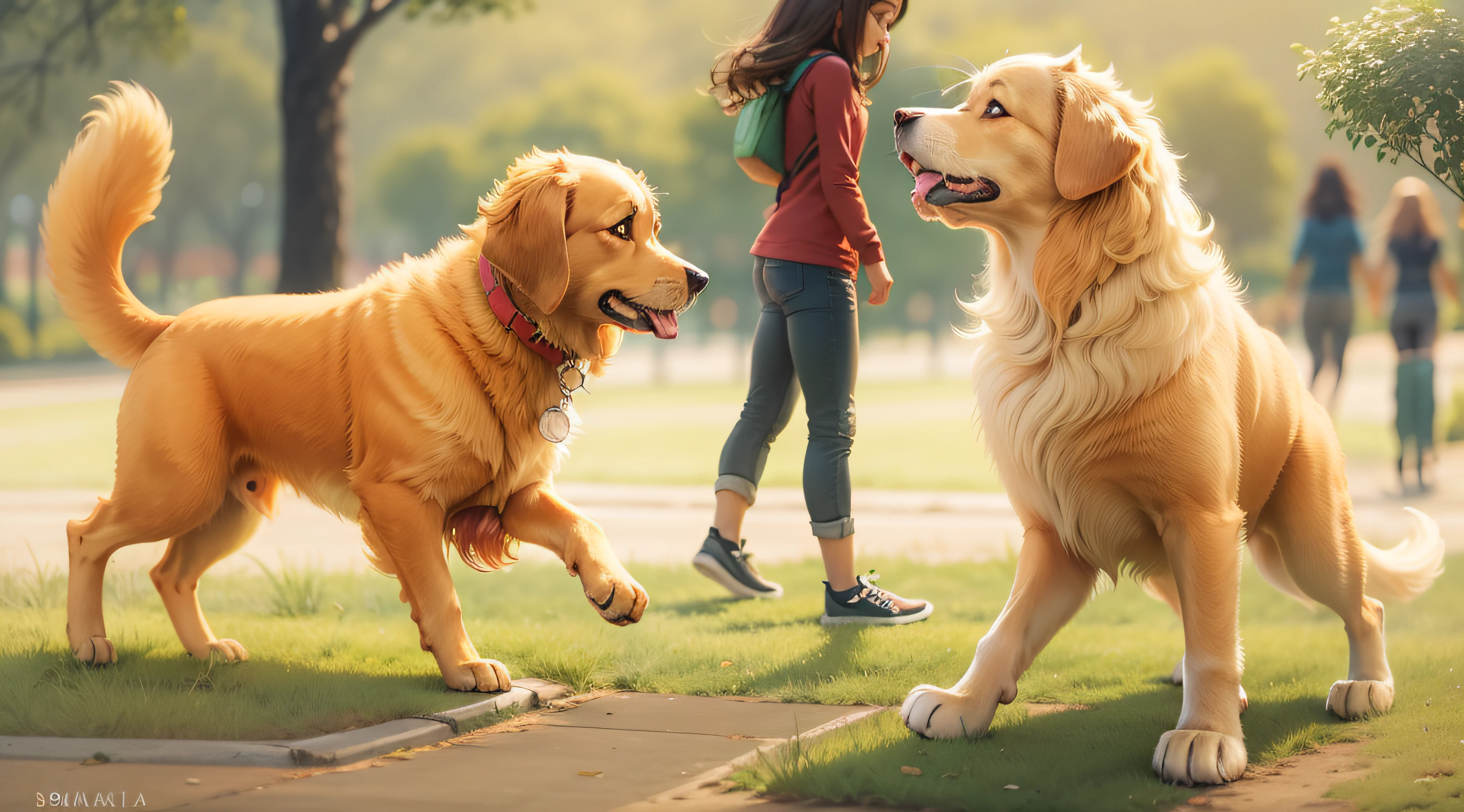 imagina un gato persa y un perro golden retriever dando un paseo en el parque