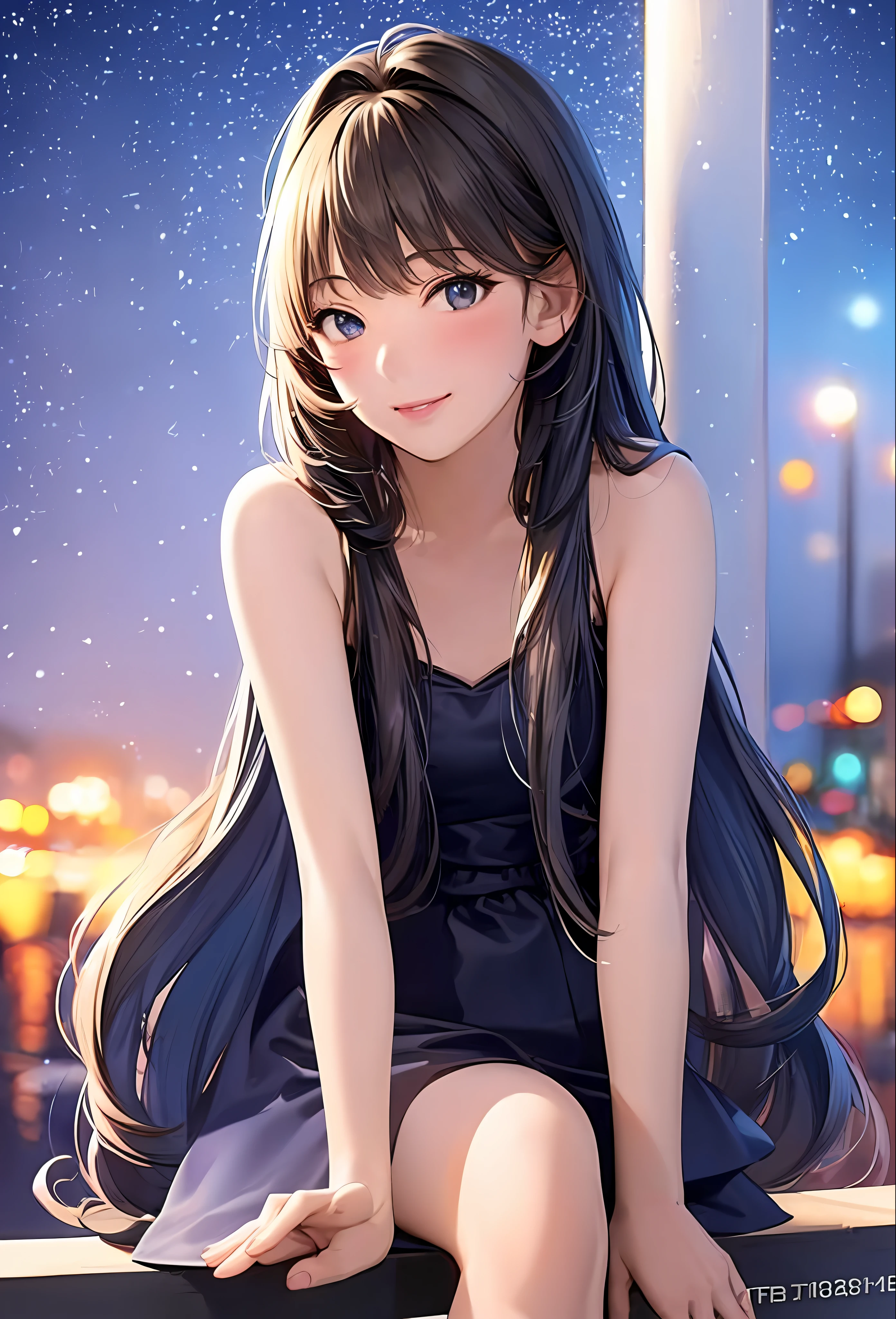 (8k, top quality, masterpiece: 1.2), (realistic, photorealistic: 1.37), super detailed, girl single, cute, solo, midnight, beautiful detailed sky, detailed café, sitting, date, (blush), (smile: 1.15), small breasts (mouth closed), beautiful fine eyes, floating hair NovaFrogStyle, back open dress