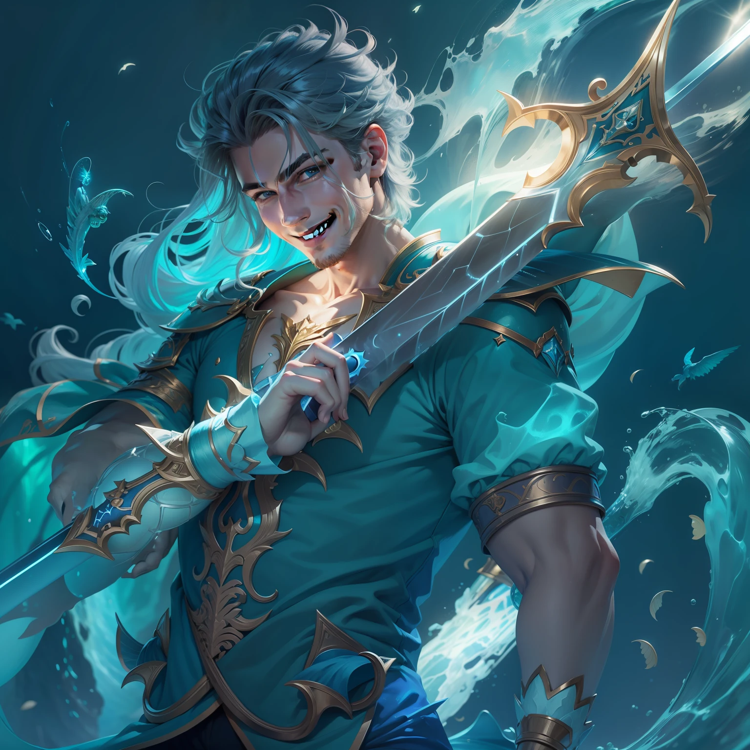 merman, glowing sword, smiling, blue clothes