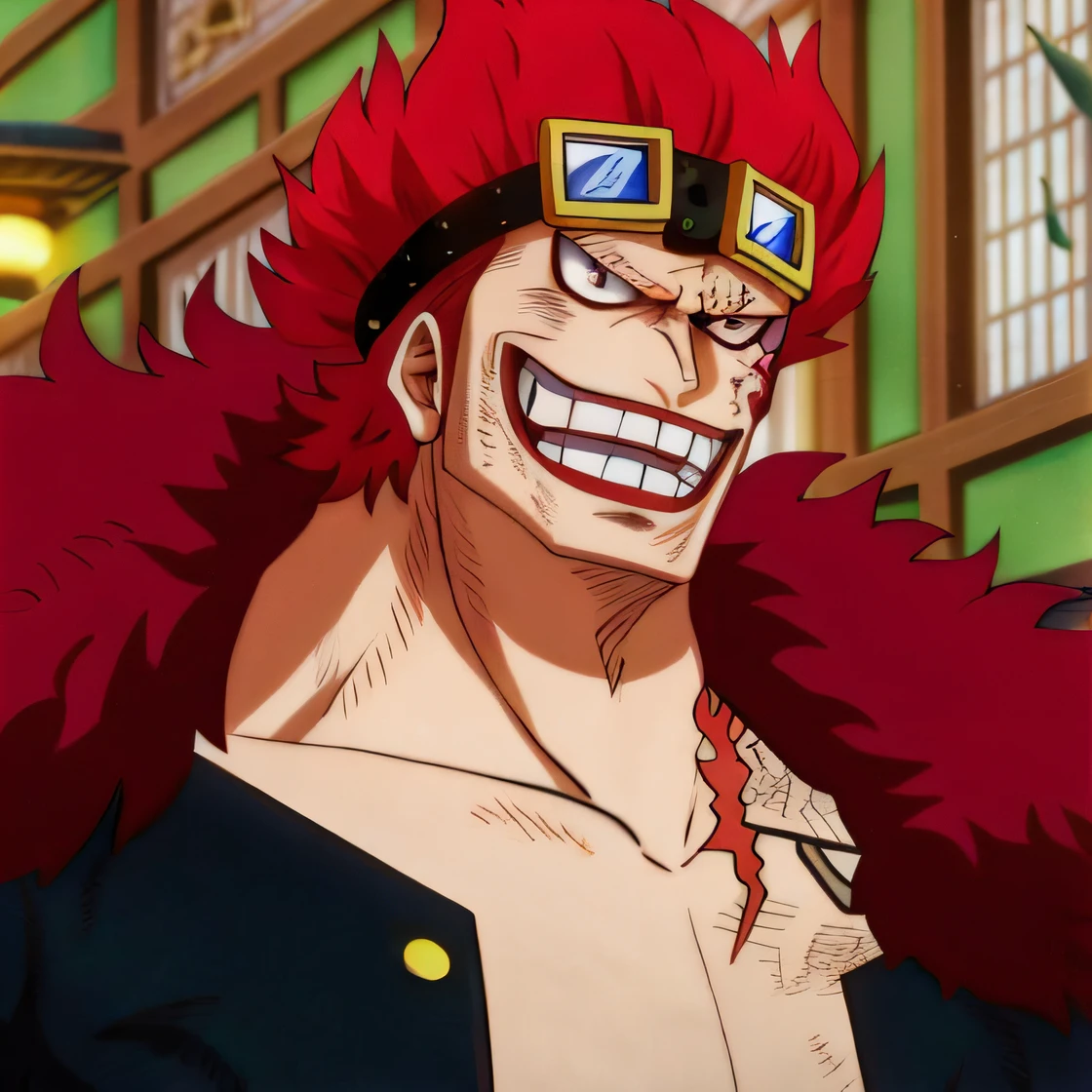a close up of a person with a red hair and glasses, from one piece, Retrato de Shanks Le Roux, as an ugly titan, barba vermelha, one piece, in my hero academia, villain wearing a red oni mask, Melhor Design de Personagens de Anime, Anime de hoje ainda em destaque, Norihiro Yagi, taken in the early 2020s