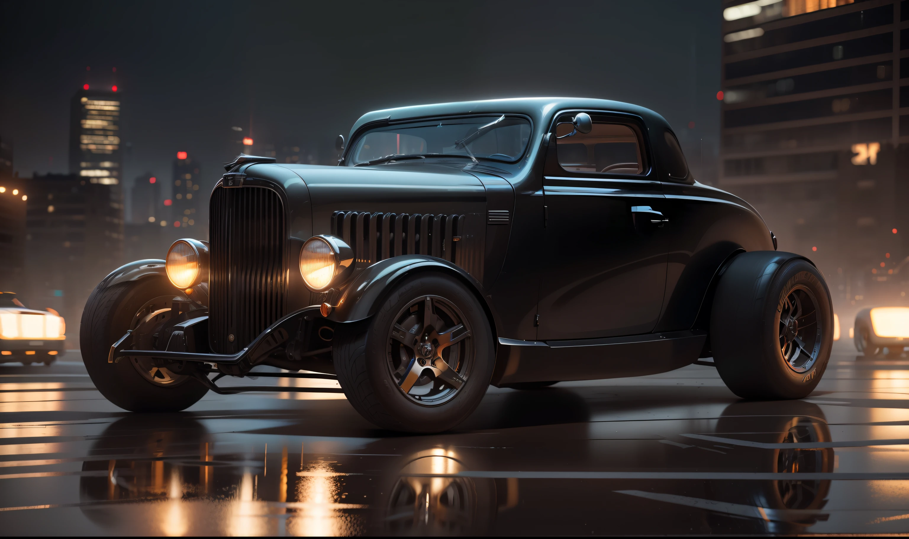 NOITE, Necessidade de velocidade, Hudson Gasser 1940 PRETO BRILHANTE com um piloto de corrida com capacete de corrida, Running down the black wet asphalt track with reflections of the buildings and city lights, quase, hyper realistic, motion blur, blurry background, altamente detalhado, divine proportion, (((Enquadrado))), perfect composition, perfect lighting, octan render, 8k, Artistic photography, trending on ArtStation, foco nítido, Studio photo, detalhes intrincados, altamente detalhado, Directed by: Greg Rutkowsk --auto