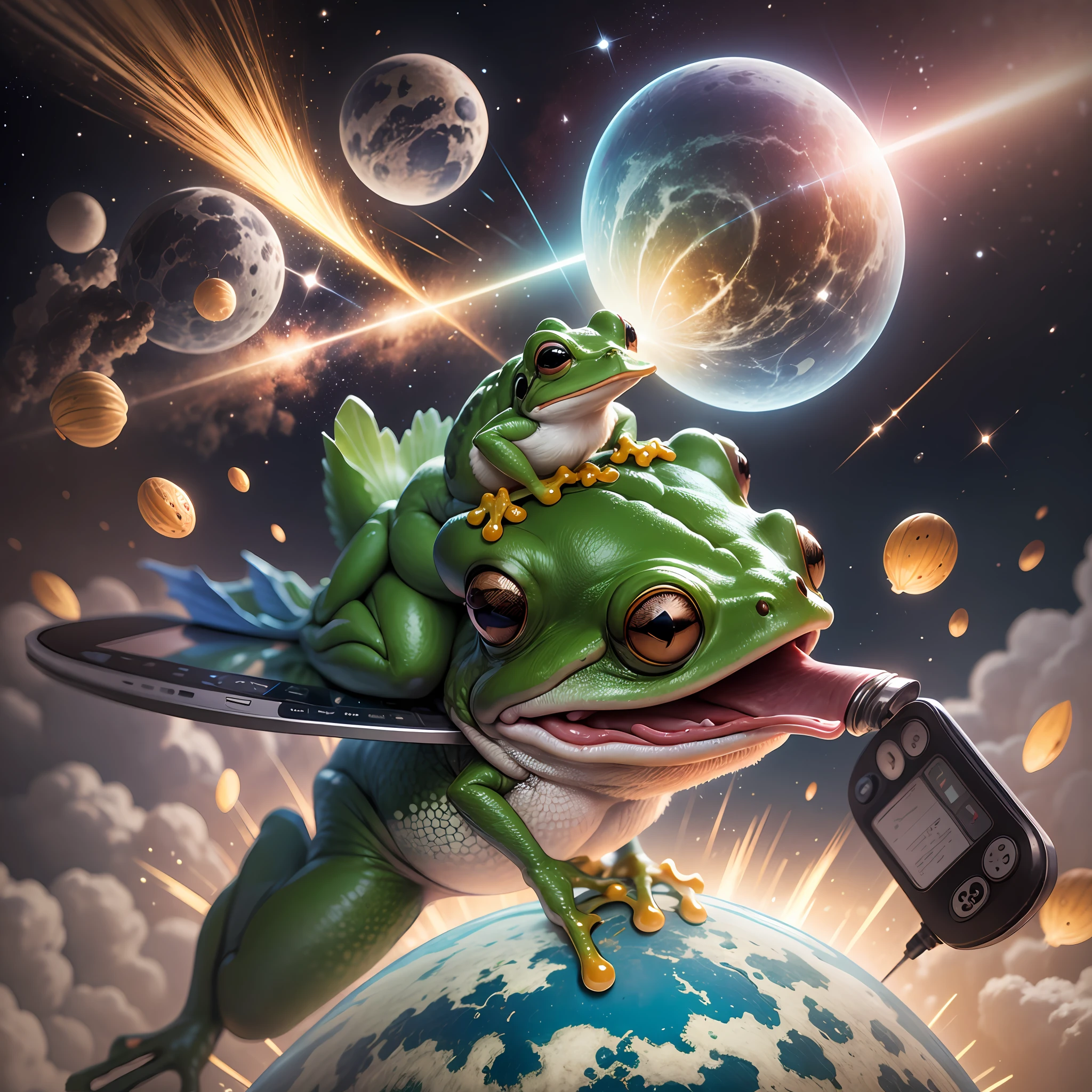 A frog on top of a duck throwing his cell phone into outer space --auto --s2
