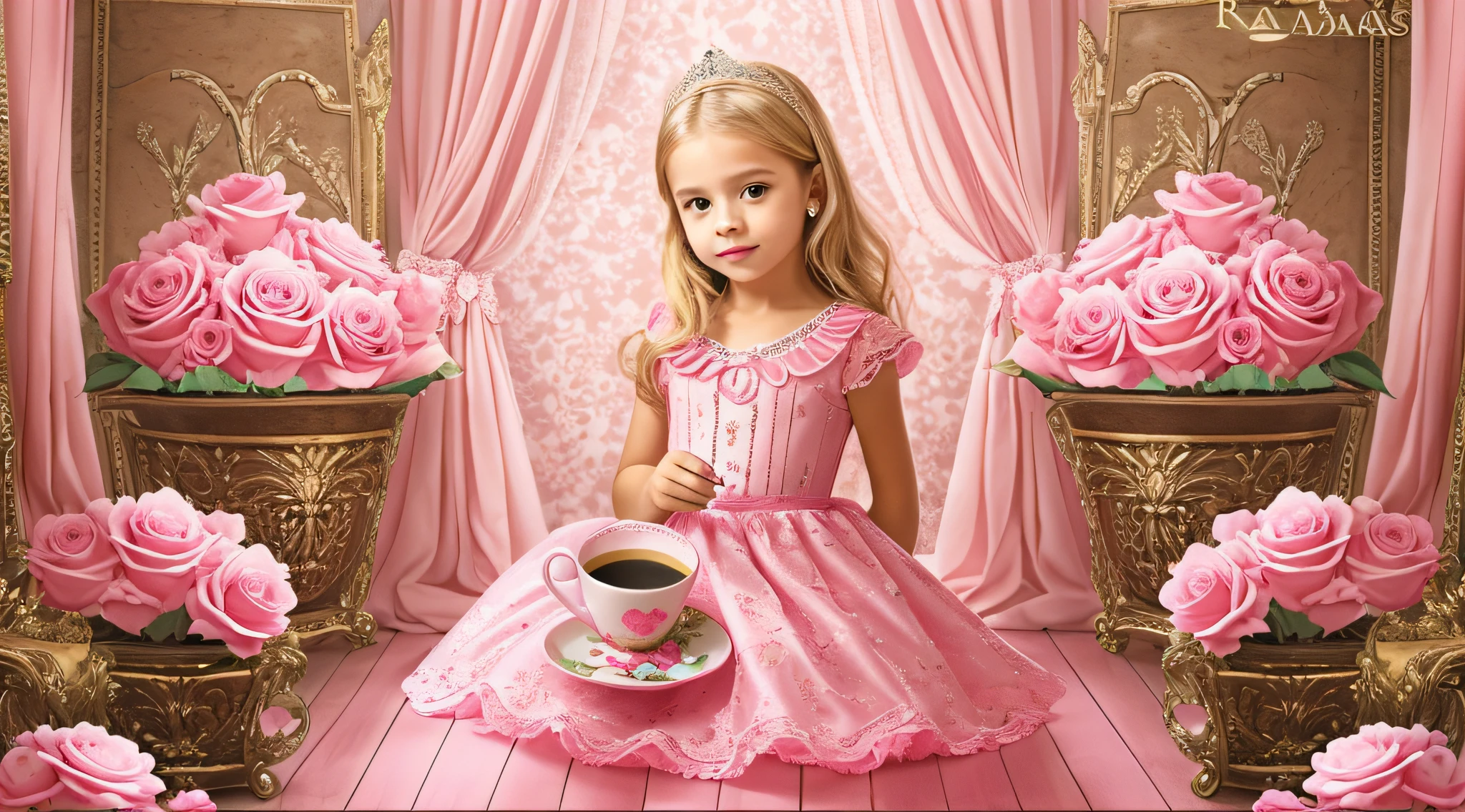 Kids blonde in pink dress holding a cup of coffee and a bag, vestido com um vestido rosa, vestido de baile rosa brilhante, doce, romantic rose tutu, meninae-rosa, Loli, dress he style of rococo, menina elegante,themed girl, estilo de conto de fadas, menina rosa bonita, Loces, por Wayne England, next gen, vestido rosa