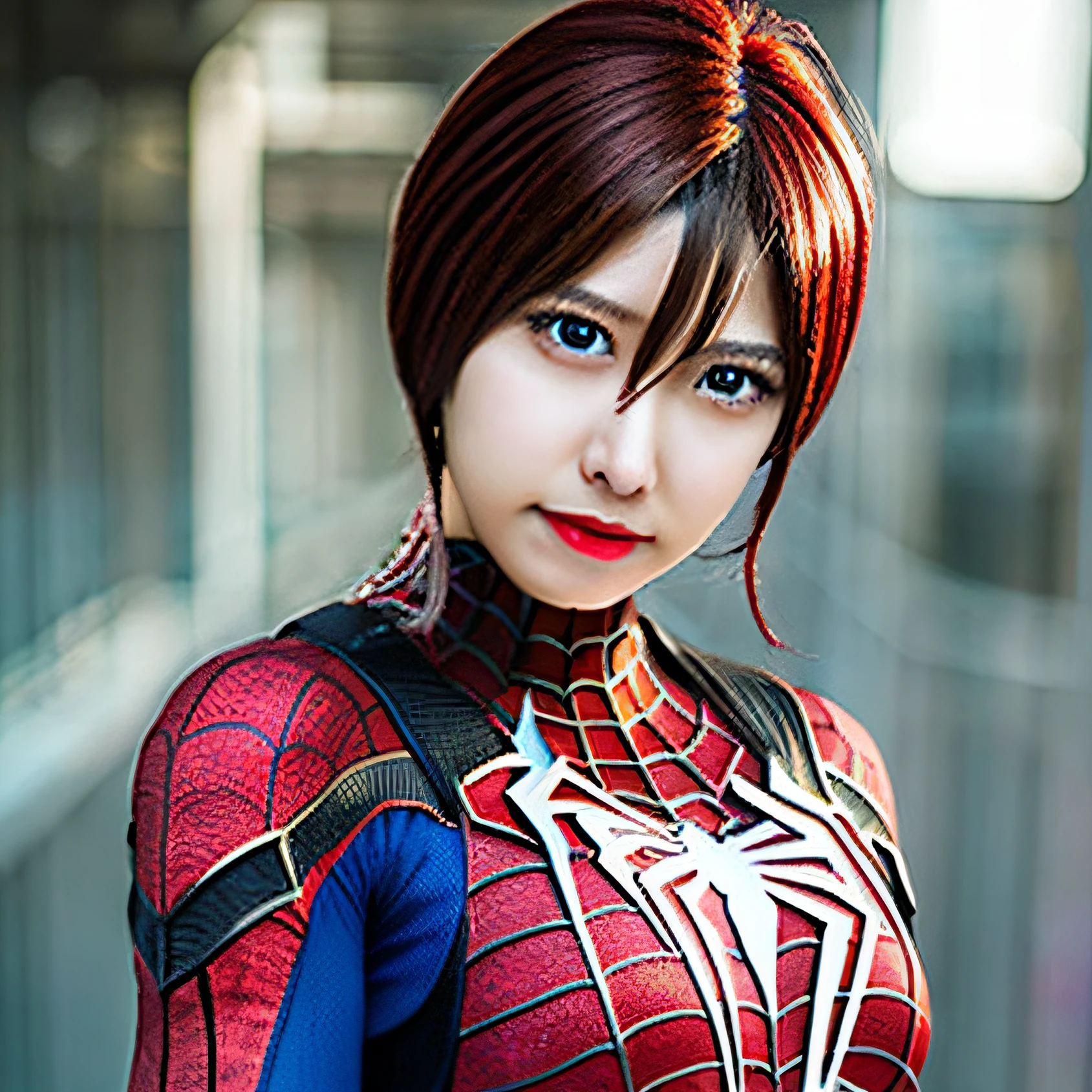 Beautiful woman detailed defined body using spider man cosplay, small breasts