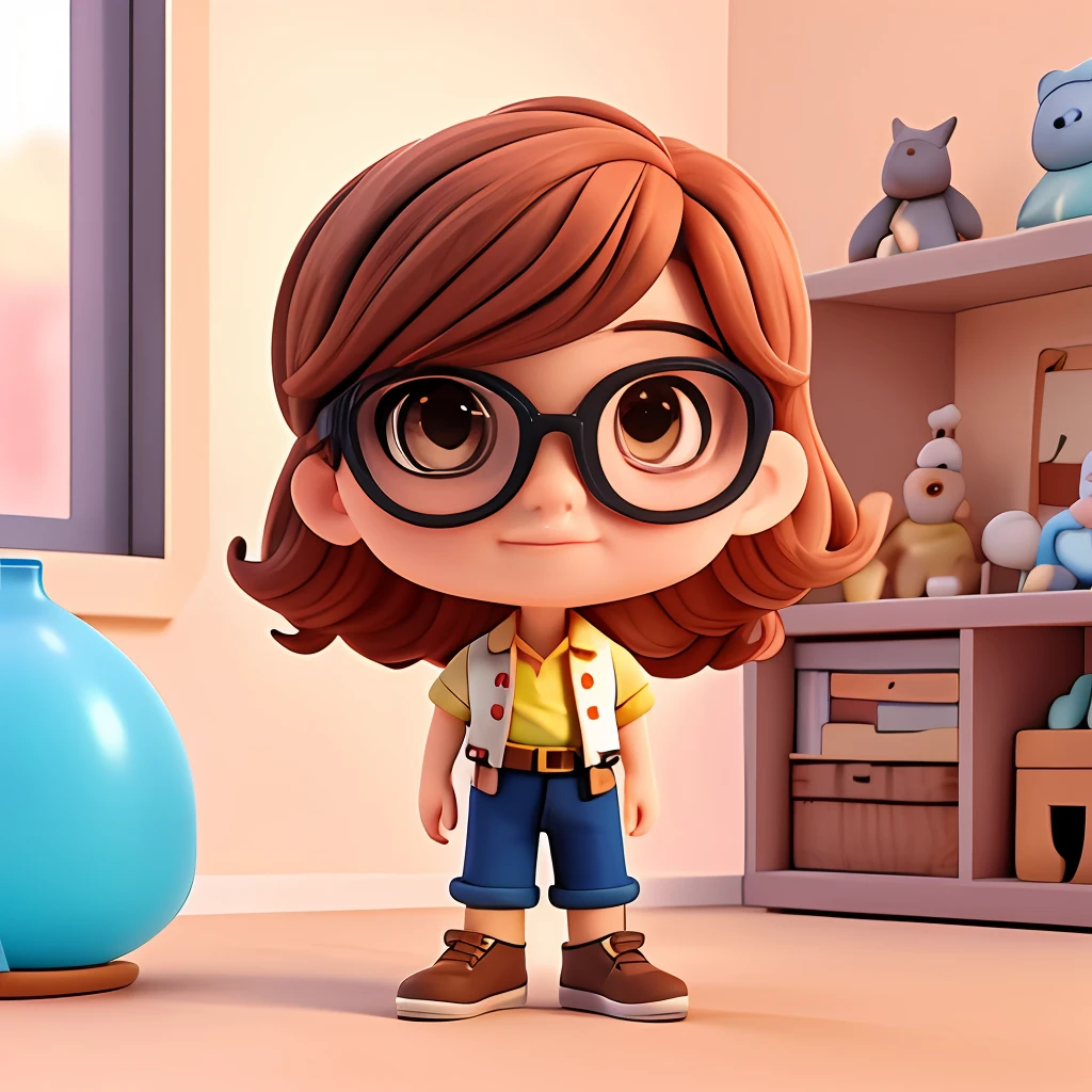 Bonito pequeno professor masculino de 50 anos de idade, huge head, tiro cabelo brano, wearing thin-framed glasses of round gold, olhos altamente detalhados, front-faceing, ajuste, professor, whole body view, Highly detailed hands, figuras de brinquedo, melhor qualidade, desenhos animados 3d, whole body view, fantasia, sonho, surrealismo, super bonito, trending in the artstation