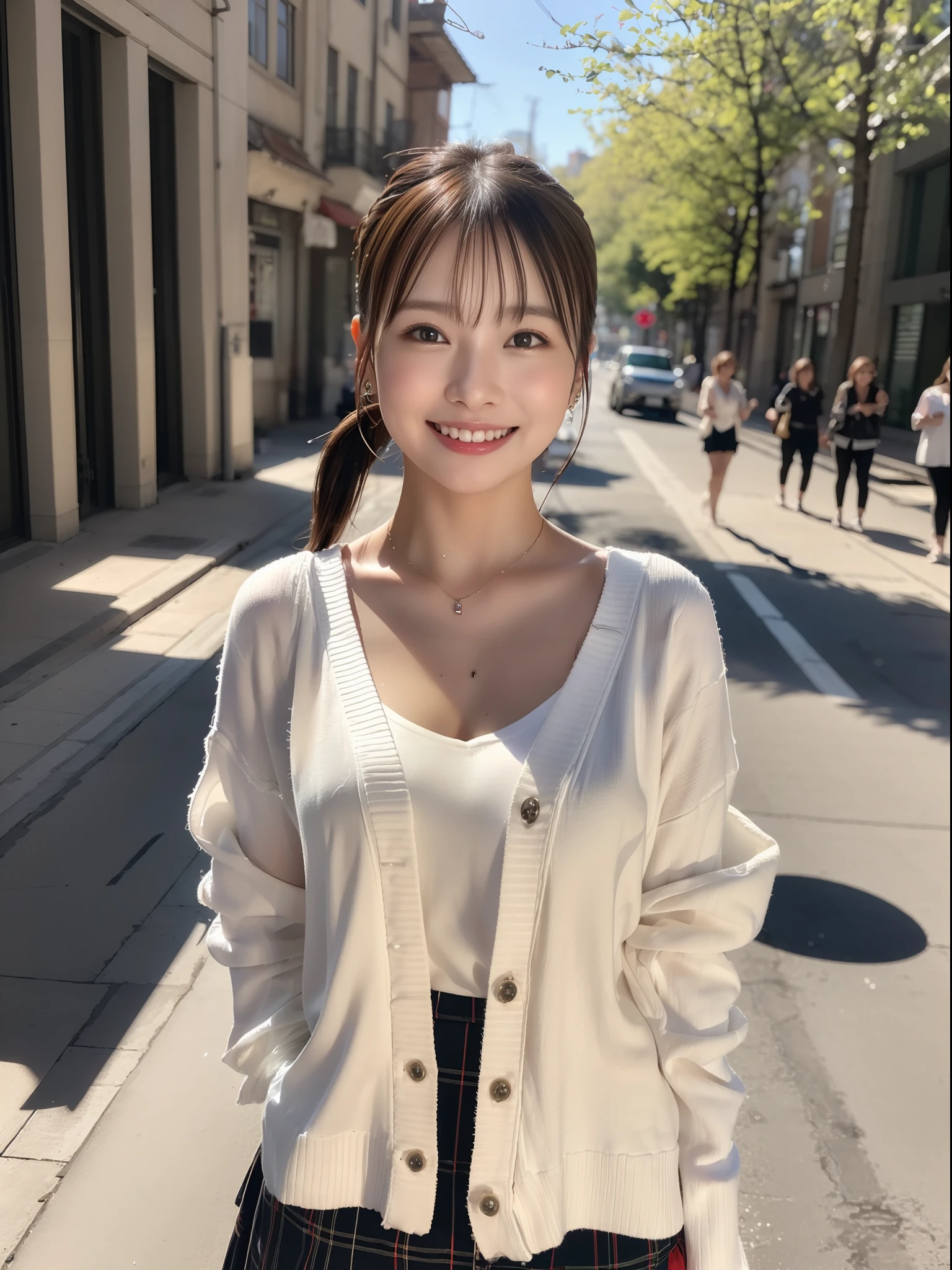 (8K、Raw photography、top-quality、​masterpiece:1.2)、(realisitic、Photorealsitic:1.37)、ultra-detailliert、超A high resolution、1 fair-skinned girl、beautifull detailed face、In the street、full body Esbian、poneyTail、hand bag、Cardigan、flered skirt、(glowing earrings)、a smile