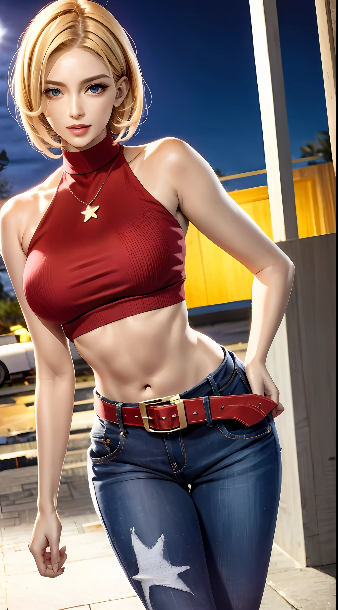 Blue Mary cosplay, melhor qualidade, (beleza), rosto garota 20 anos, rosto bonito, obra-prima, cropped vermelho, blusa vermelha, jeans with brown belt,  Physics-based rendering, ultra highres, cintura estreita, magro, olhos grandes, pernas longas, (seios pequenos), olhos inchados, noite, (cidade chuvosa), pele brilhante , de frente para o espectador, firm expression, realista, mulher, sexy,