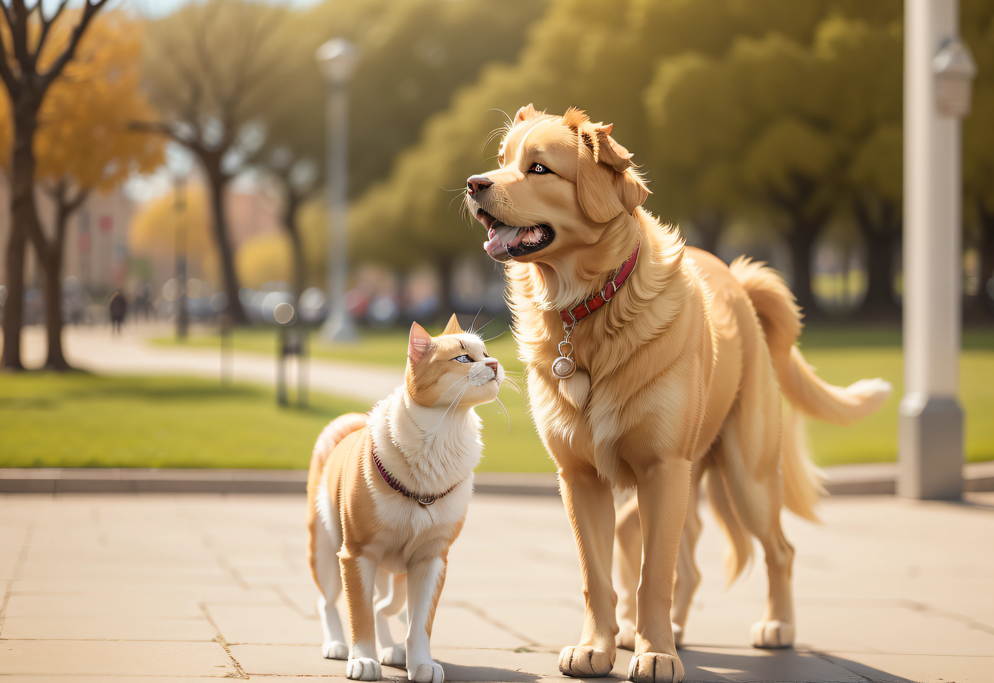 imagina un gato persa y un perro golden retriever dando un paseo en el parque