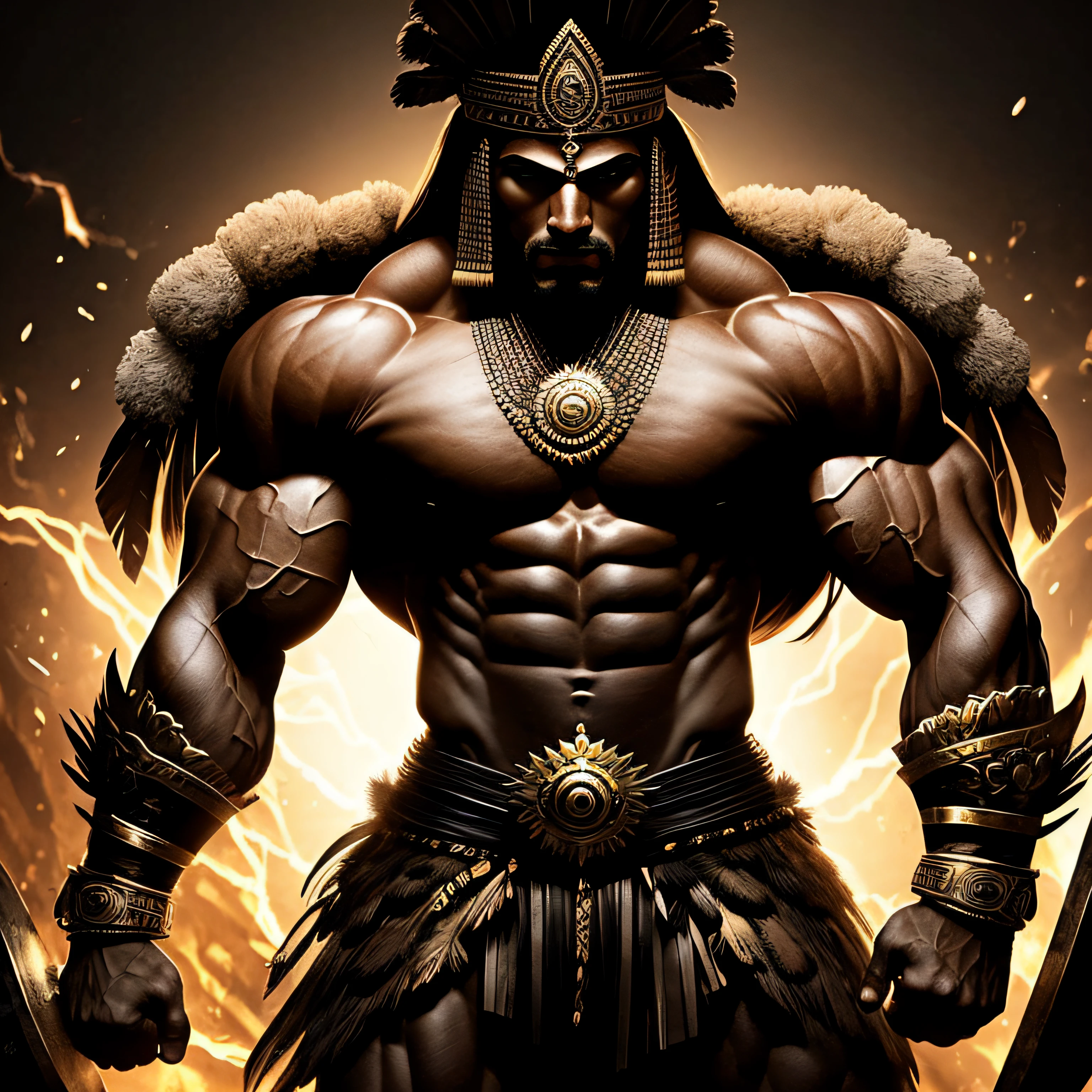 concept art an insane amazon warrior pumped up bodybuilder on abstract black background, with indian headdress on his head, showing biceps, --auto