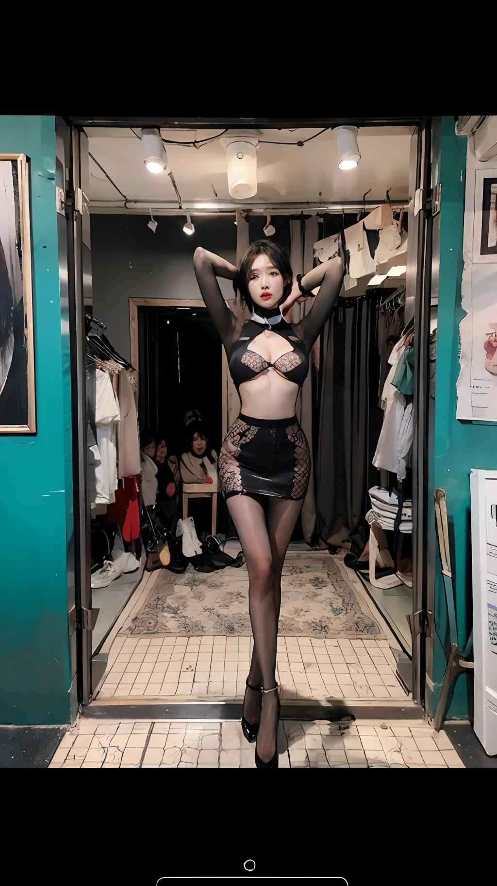 Standing was a woman in a short skirt, korean women's fashion model, high-waist-black-skirt,rage face,BDSM,slaves,Sex slaves,Transparent pink cheongsam,((erected nedium breasts, The beautiful, Breasts squeezed together, shackle,Collar,NSFW,((best qualtiy,8K,tmasterpiece:1.3))),Clear focus:1.2,(layer cut,The large:1.2),Beautiful Women in Perfect Figure:1.4,Slender abs:1.2,Moist body:1.5,Highly Detailed Face and Skin Textur,Detailed eyes,二重まぶた,long whitr hair,Long legs,long leges,high-heels,Silver-toned stiletto heels,Clear crystal heels,stocklings,Mesh socks,dynamicposes,The background is the basement,(Fluoroareola),(NSFW:1.2), NSFW, (Masterpiece: 1.4), (8K, Ultra photo realsisim, RAW photo, Best quality: 1.4), Butt emphasis, hyper qualit, Movie plot, Masterpiece, Photorealistic, Side Chest, underbust, ((under boobs:1.4)), Very detailed face, Perfectly proportioned body and hands, Flawless body, legs, feet, arms and legs, Only 2 arms and 2 legs, Perfect proportions,Each hand and foot has only 4 fingers and 1 thumb, full body,no-bra, pantyless,black slik stockings,The whole body and face were soaked with sweat and