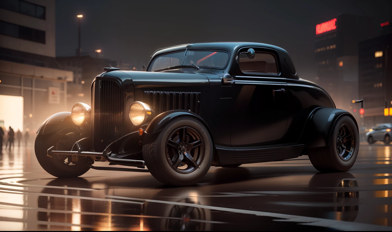 NOITE, Necessidade de velocidade, Hudson Gasser 1940 PRETO BRILHANTE com um piloto de corrida com capacete de corrida, Running down the black wet asphalt track with reflections of the buildings and city lights, quase, hyper realistic, motion blur, blurry background, altamente detalhado, divine proportion, (((Enquadrado))), perfect composition, perfect lighting, octan render, 8k, Artistic photography, trending on ArtStation, foco nítido, Studio photo, detalhes intrincados, altamente detalhado, Directed by: Greg Rutkowsk --auto