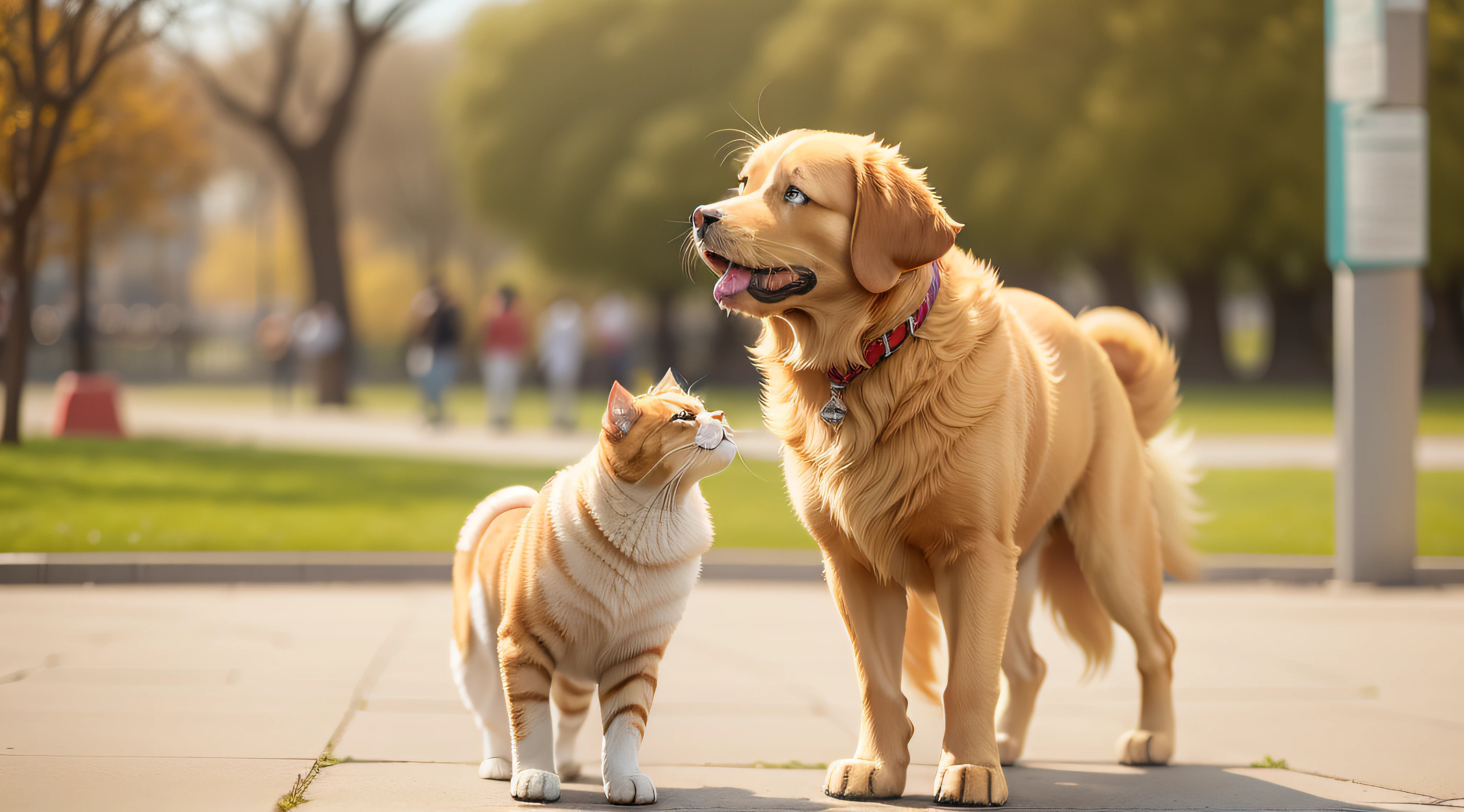 imagina un gato persa y un perro golden retriever caminando en el parque