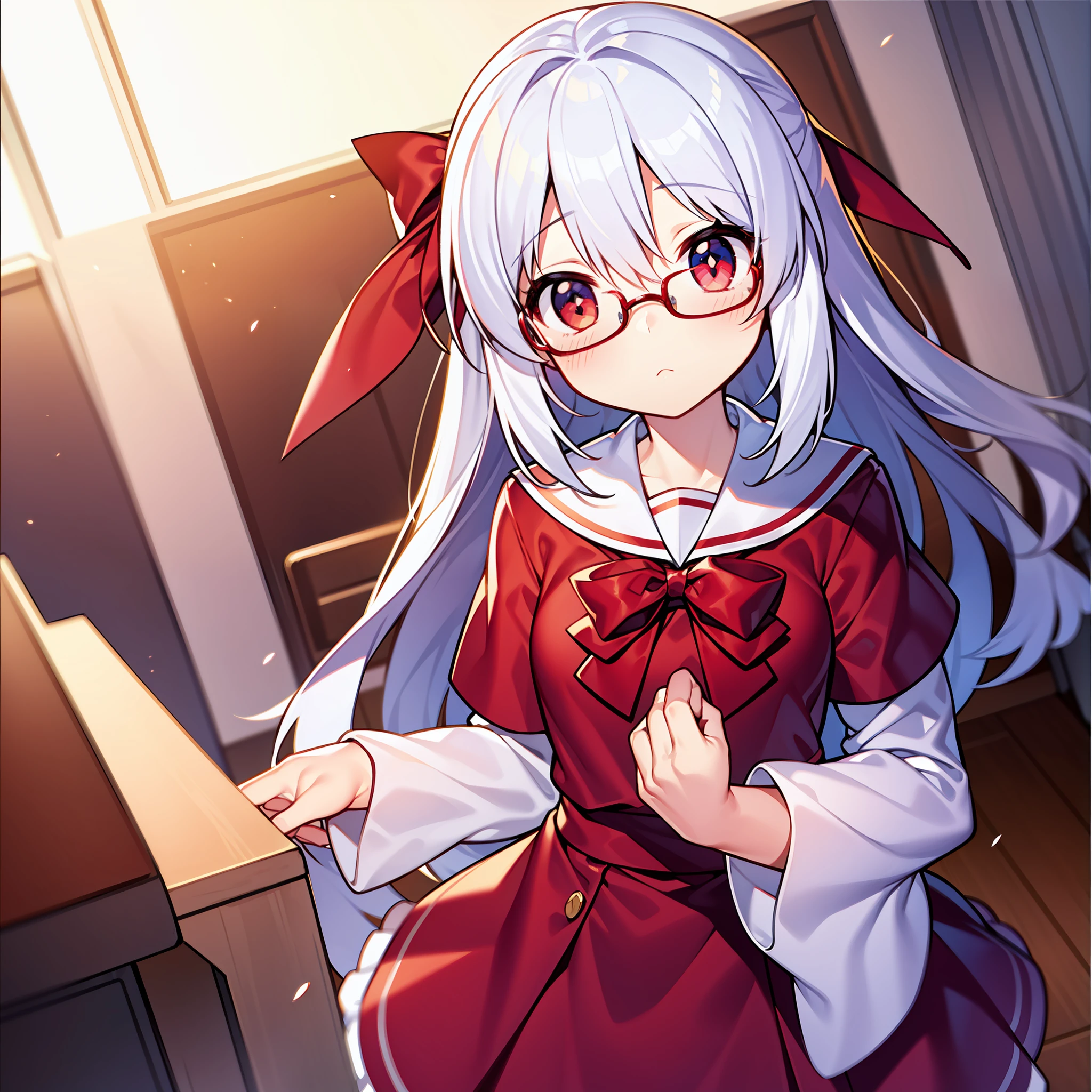 best qualityer,tmasterpiece,Best quality at best,Classroom,the soft light,1girl,Student uniform,Poor milk,eye glass,Beautiful long white hair,Cute red bow,Holding a book,Be red in the face,shyexpression,Sven scum,gentleness,adolable,floated hair