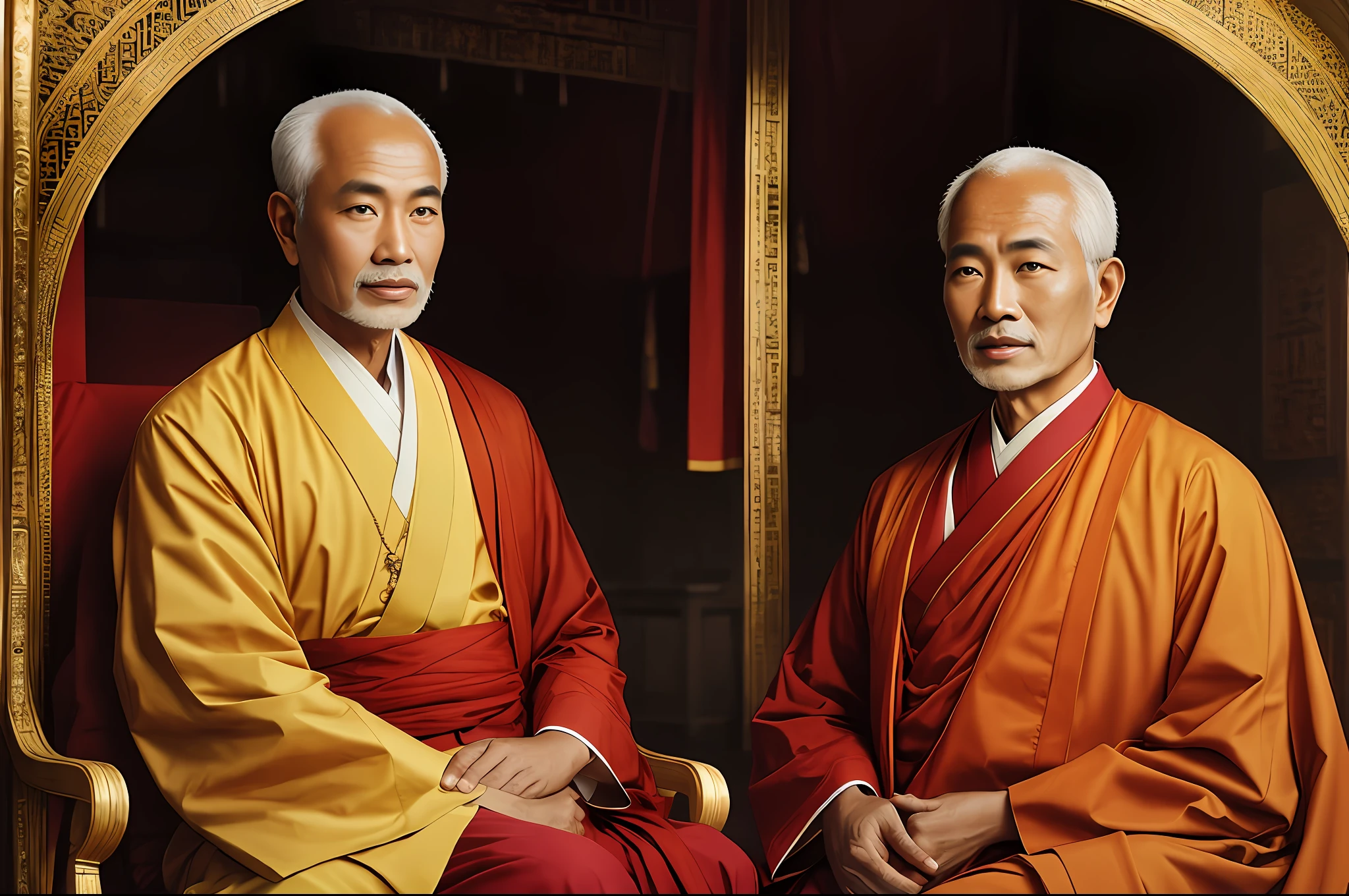 Portrait of a man in Buddhist dress, Prince of the country of the handsome, beautiful prince Handsome Prince, handsome, gorgeous, realistic, inspired by Buddha's first sermon, Portrait of the Old Buddhist priest, brown-skinned Egyptian man, the handsome man, Qutb Khan