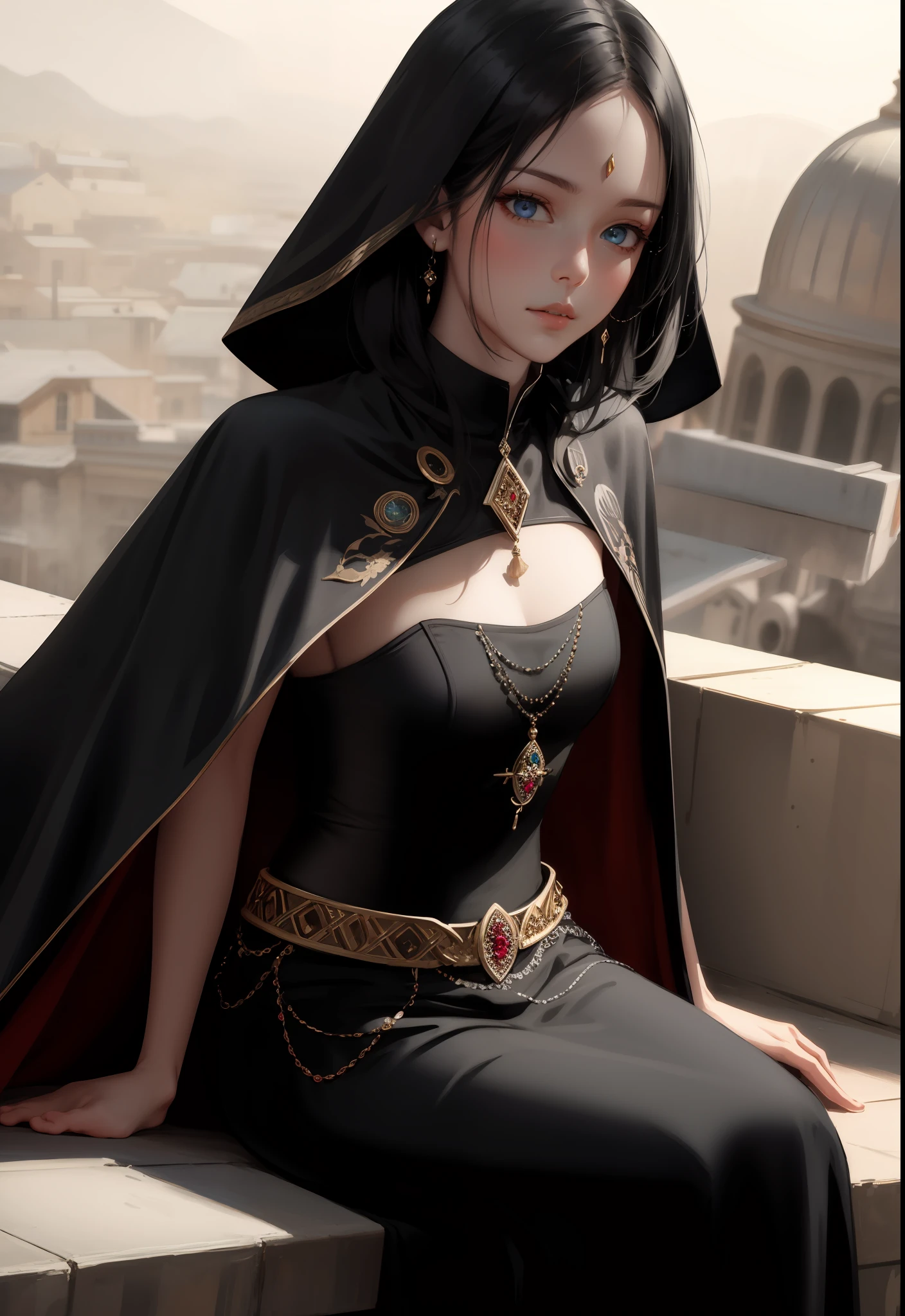 wlop, aeolian, jewelry, cute girl, eastern, blue eyes, black dress, cape, simple background