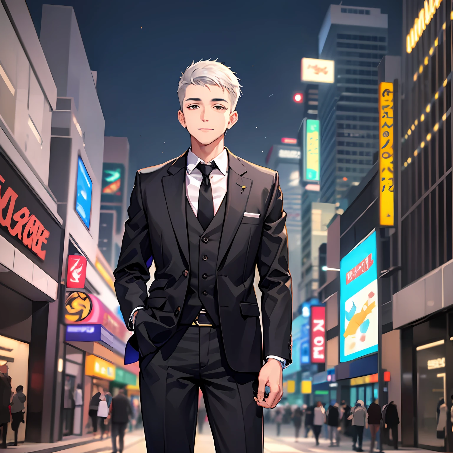 of a guy，uncle，Silvery hair，brush cut，Black eyes，Black blazer，White color blouse，Black trousers，malefocus，mall background，ssmile，Resolute face