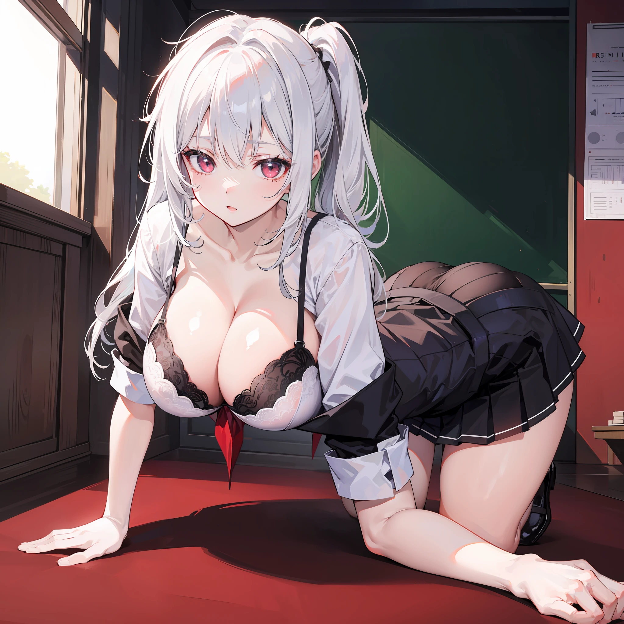 tmasterpiece,best qualtiy,ultra HD picture quality,Top resolution,high detal,anime big breast,on the floor on all fours,Keep your hands on the ground,The girl crawled on the ground,Girl crawling on the ground,Frontal angle,Hips raised,Butt up,Student uniform,JK school uniform,whaite hair,White hair with double ponytail,largeeyes,red color eyes,Big tits,exposed,Bra exposed,Black lace bra,white stockings,Beth,The skirt is short,Black panty,briefs exposed,Lewd expression,The background is the classroom,Lori huge breasts cleavage,There is no one in the background