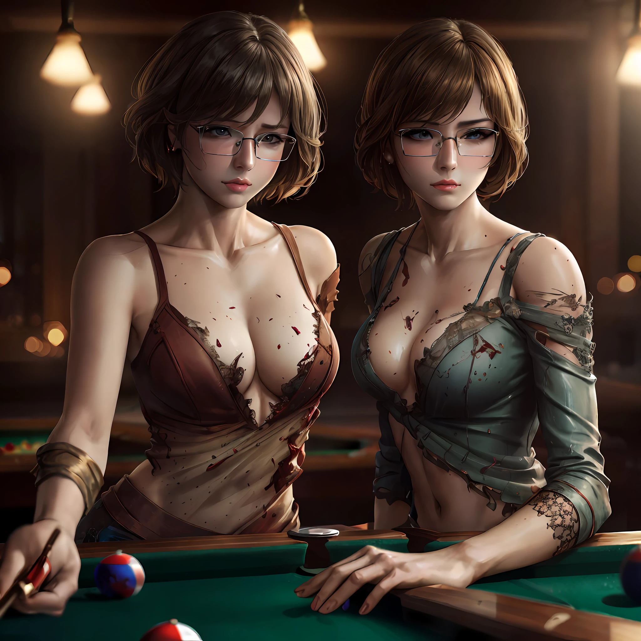 two women in lingersuits playing pool with a pool table, alena aenami and lilia alvarado, ultra realistic concept art, realistic fantasy render, photorealistic dark concept art, wlop and andrei riabovitchev, deviantart artstation cgscosiety, ultrarealistic concept art, wlop and ross tran, wlop and artgerm