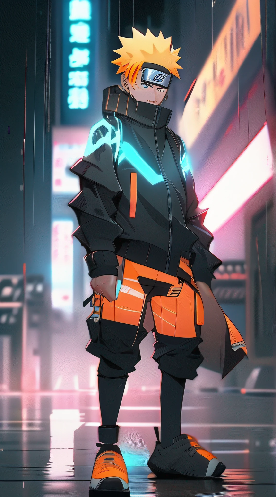 Naruto uzumaki, loish, jeremy mann, full body shot, character sheet, lightningwave, 3d, cgi, glowing neon, cyberpunk, streetwear outfit, ☂️, neon city,tilt shift camera