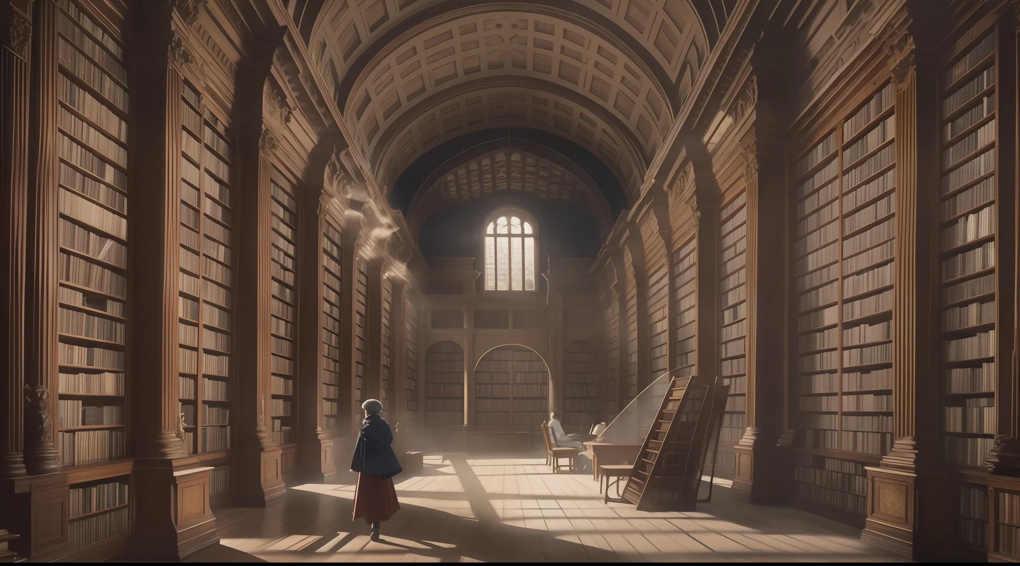 Biblioteca antiga e serena: A classic and imposing library, with shelves filled with old books and dust dancing to the soft light streaming in through the windows. No centro da biblioteca, There is a solitary figure absorbed in reading, surrounded by knowledge accumulated over the centuries. Loneliness here is portrayed as a journey of self-discovery through the search for knowledge.