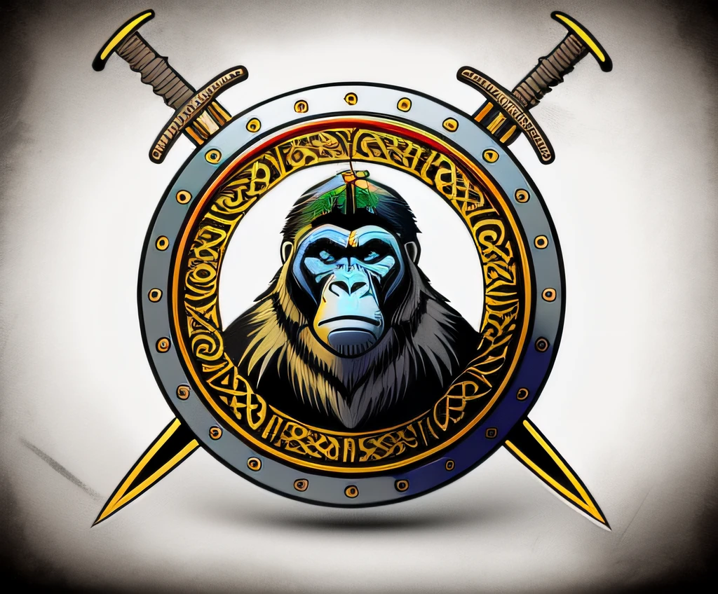A closeup of a gorilla with two swords in a circle, em estilo de macacos primais, Macaco inteligente com uma faca longa, Illustration by Conan, the Barbarian, guerreiro segurando duas espadas, Planeta dos Macacos, viking warrior illustration, Retrato de Conan, the Barbarian, Highly detailed illustration.", medieval graphic, VectorArt detalhado, colorful illustration for tattoo, segurando escudo e espada, design do escudo