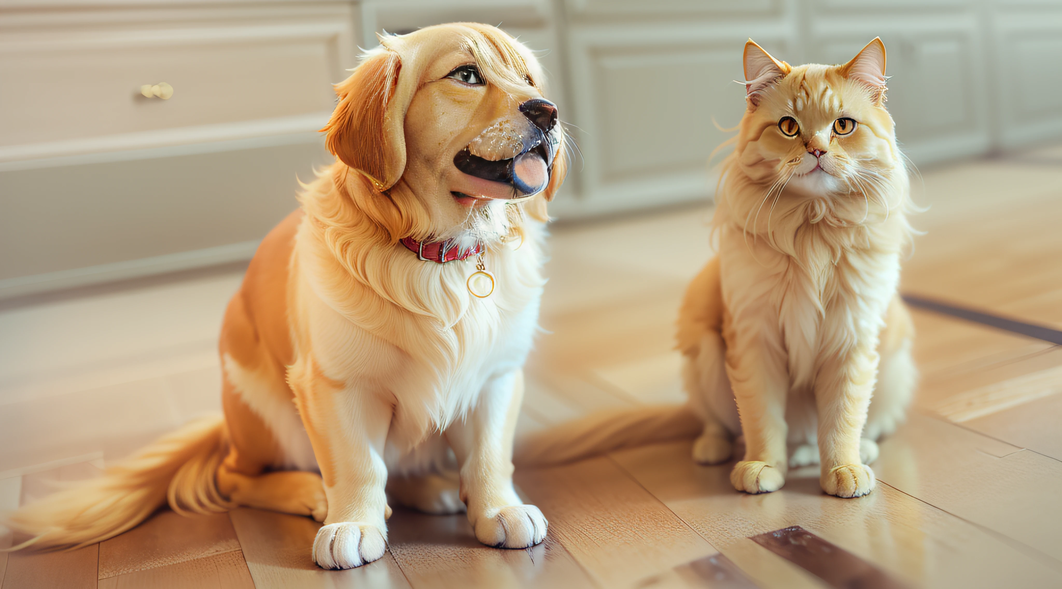 Por favor, Imagine a Golden Retriever next to a Persian cat looking at the camera