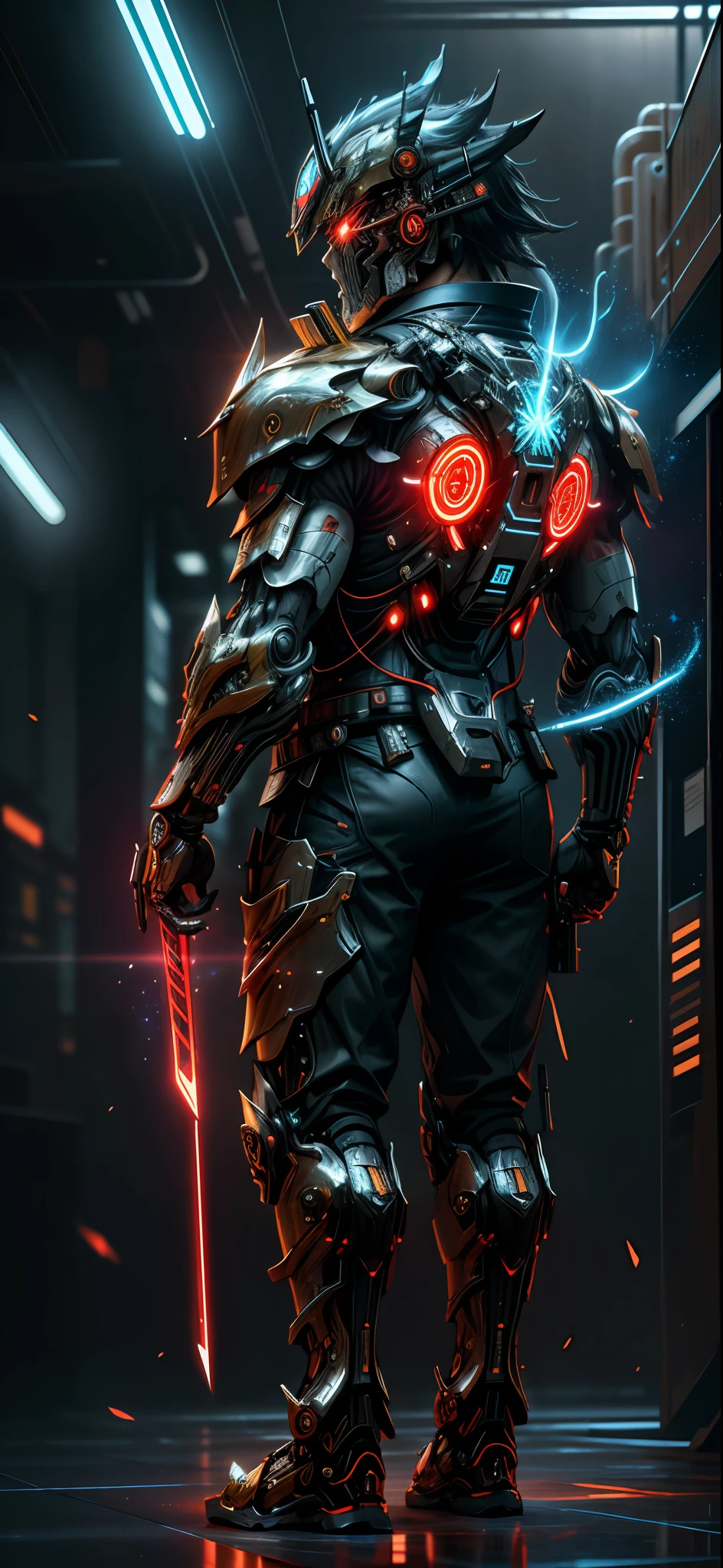 realistic,shiny,reflective,bioluminic, galactic cybernetic mask,mecha,(samurai:1.2)sh4g0d,GlowingRunes_red,fullbody,cinemnatic,dark background,back light,high contrast,