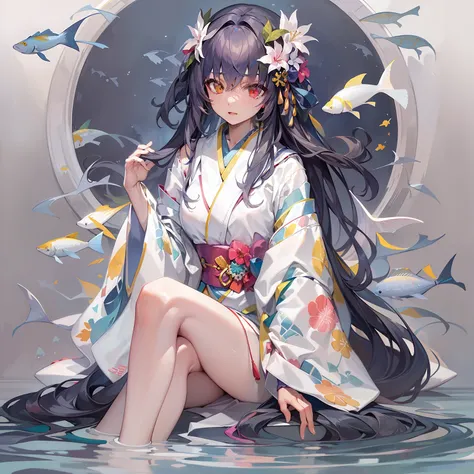 ((masterpiece)), (best quality), amelia watson,amelia_kimono, white kimono, white hakama, fish print, (nsfw: 1.5), full body, so...