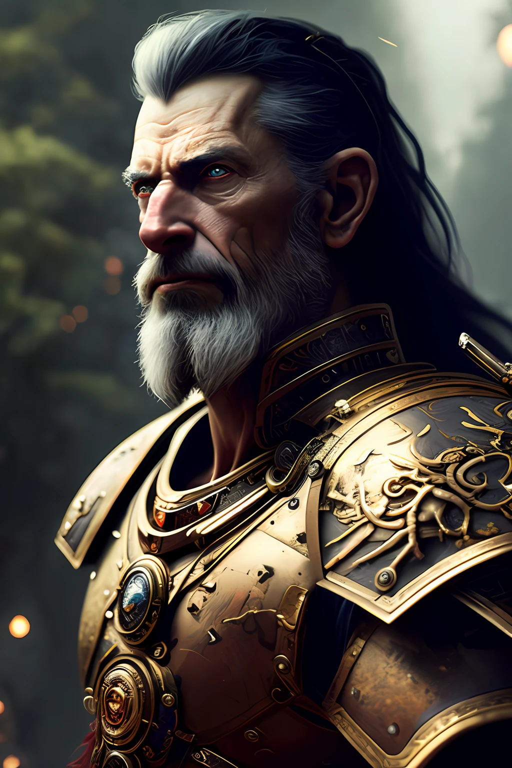 a (full - body:1.3) shot at 8k resolution, headband, fantastic comic book style, Photorealistic, intense look, anatomical photorealistic digital painting portrait of a (old  male:1.3) human (warrior:1.3) in black and gold intricate (heavy armor:1.3) with red hair in a (dark and moody universe:1.3), light particle, very detailed skin,samurai, very detailed eyes, (elden ring style:1.1), (warhammer style:1.3), concept artist, Global Illumination, Depth of field, headband, Artists: artgerm, Greg Rutkowski and Victoria Gavrilenko
