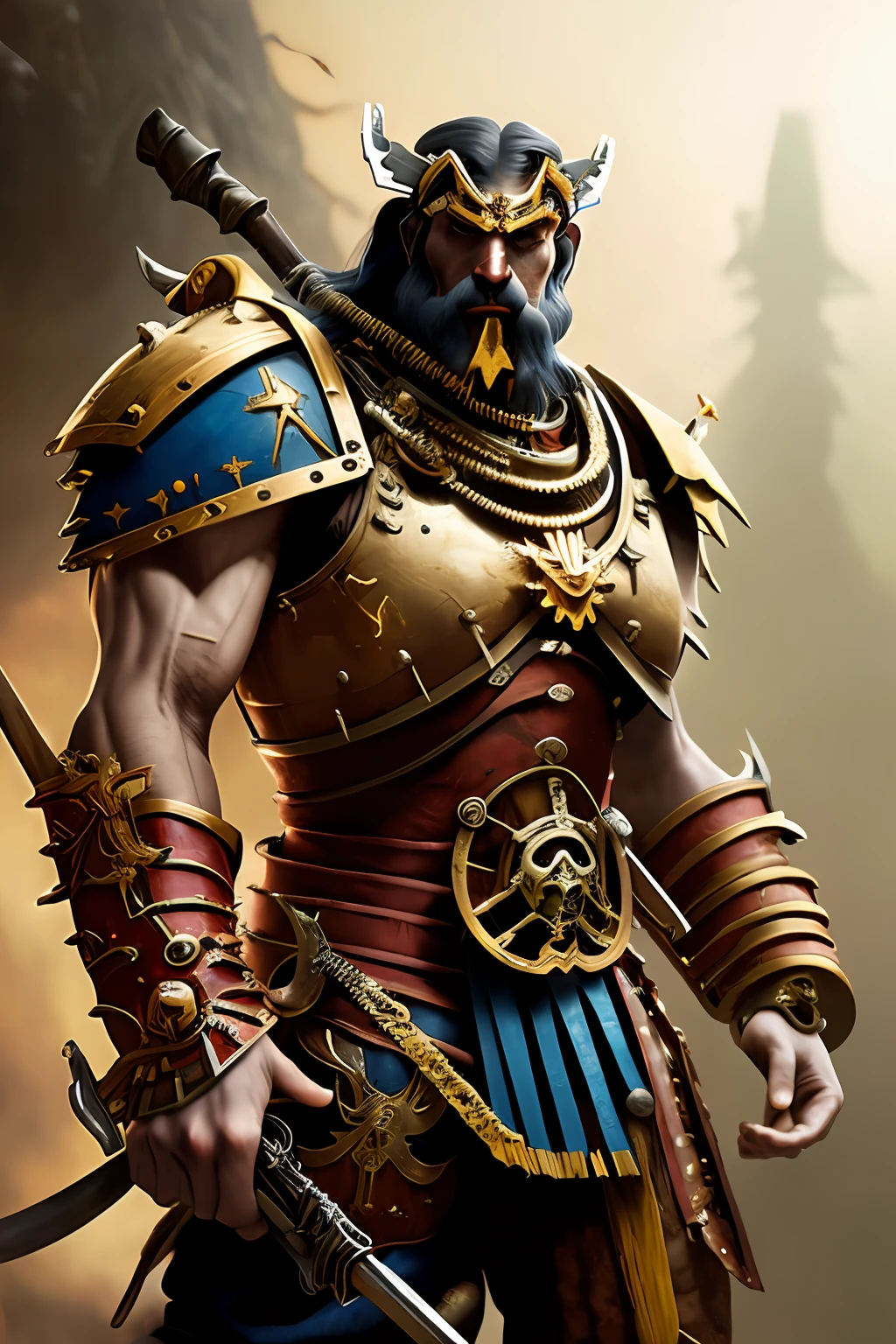 a (full - body:1.3) shot at 8k resolution, headband, full length, fantastic comic book style, Photorealistic, intense look, anatomical photorealistic digital painting portrait of a (old male:1.3) human (warrior:1.3) in black and gold intricate (heavy armor:1.3) with red hair in a (dark and moody universe:1.3), light particle, very detailed skin,samurai, very detailed eyes, (elden ring style:1.1), (warhammer style:1.3), concept artist, Global Illumination, Depth of field, headband, Artists: artgerm, Greg Rutkowski and Victoria Gavrilenko