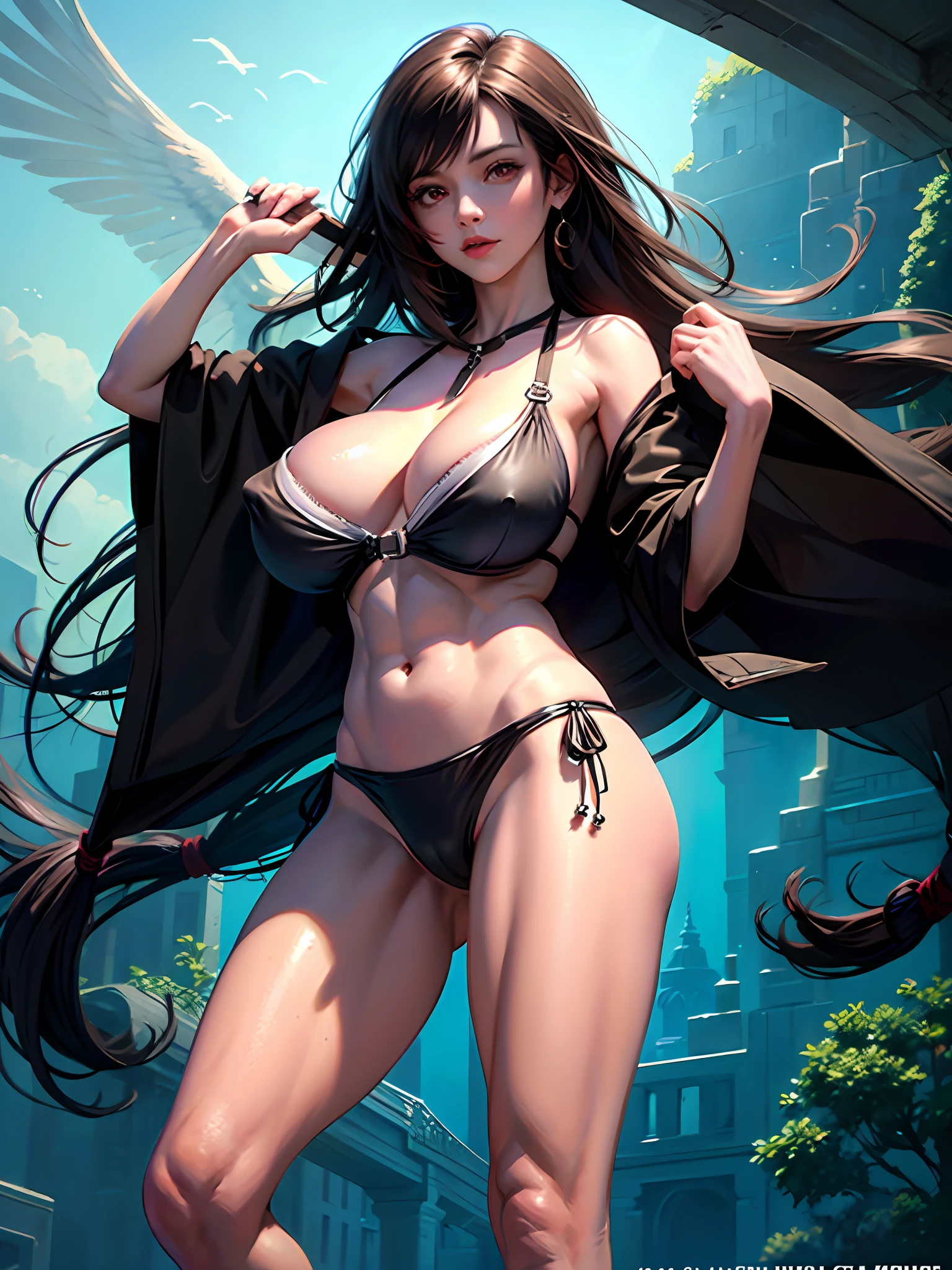 Trending on Artstation, official art, unity 8k wallpaper, ultra detailed, beautiful and aesthetic, masterpiece, best quality, extremely detailed, dynamic angle, cowboy shot, elegant, Tifa lockhart, long black hair, red eyes, hair bangs,(black bikini:1.5), (huge breasts:1.5), cleavage, (red eyes:1.2)one girl, 1 girl, thin waist, wide hips, exposed abdomen, toned abs, toned arms, close up, see through clothes, semi transparant clothes, in a tropical paradise, lifting legs, presenting