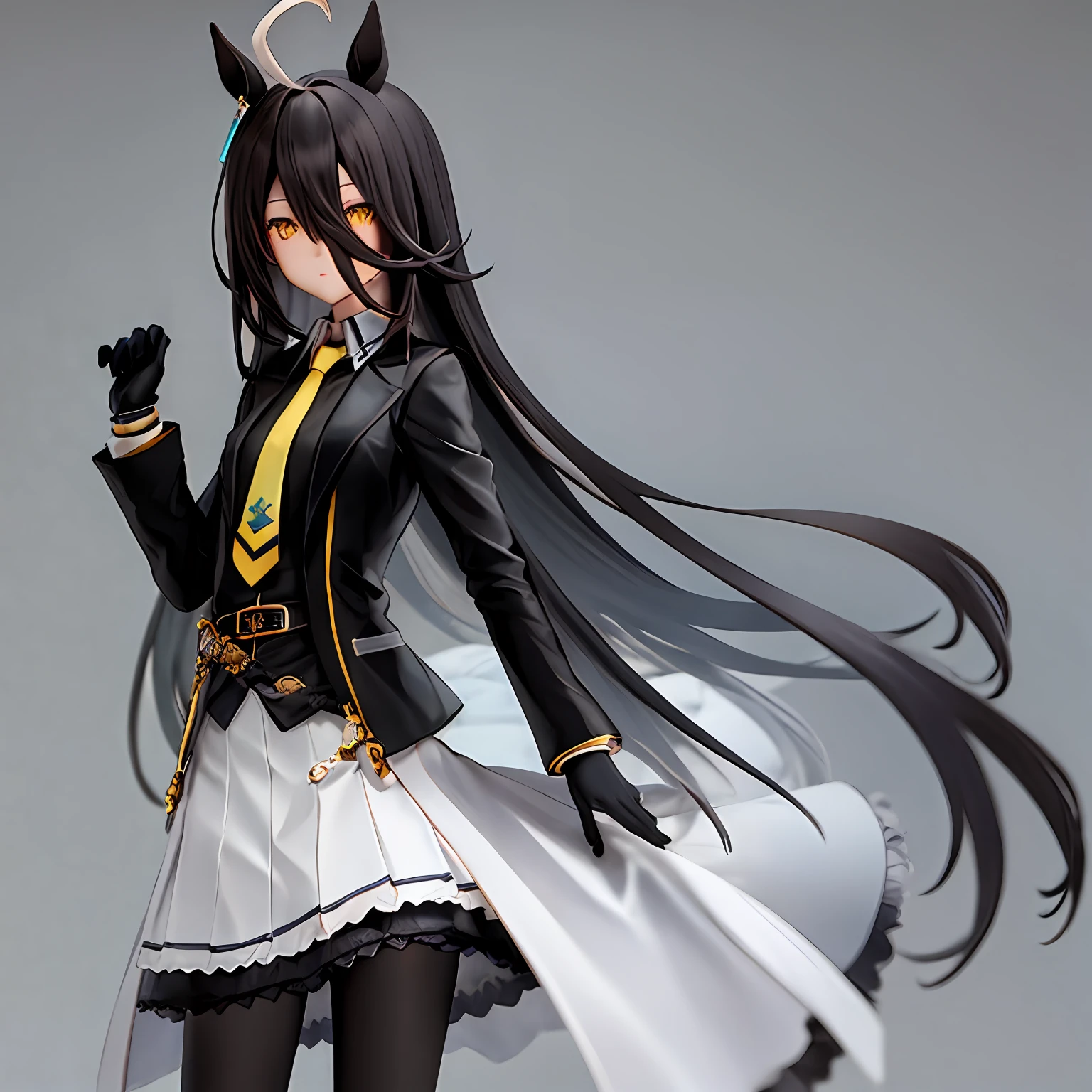 1girl in,manhattan-cafe,manhattan-cafe(Racing Wear),Horse Girl,Horse ears,hair_Bland_Eyes,Solo,pantyhose,long_hair, Black_hair, Black Gloves,yellow_Eyes,Ahoge,neck tie,Black_Jacket,Skirt,Black_Footwear,Simple background